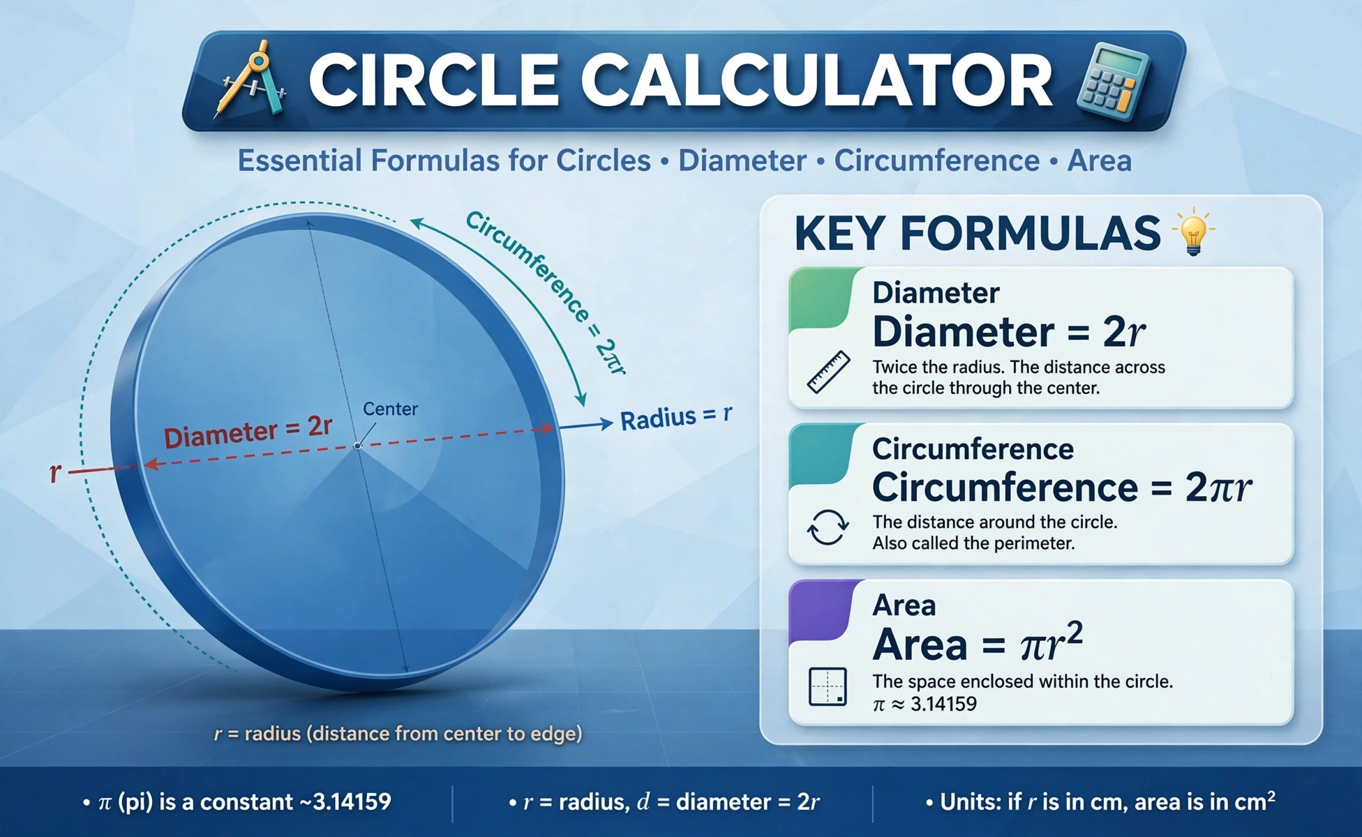 Circle formulas diagram: radius, diameter, circumference and area labeled