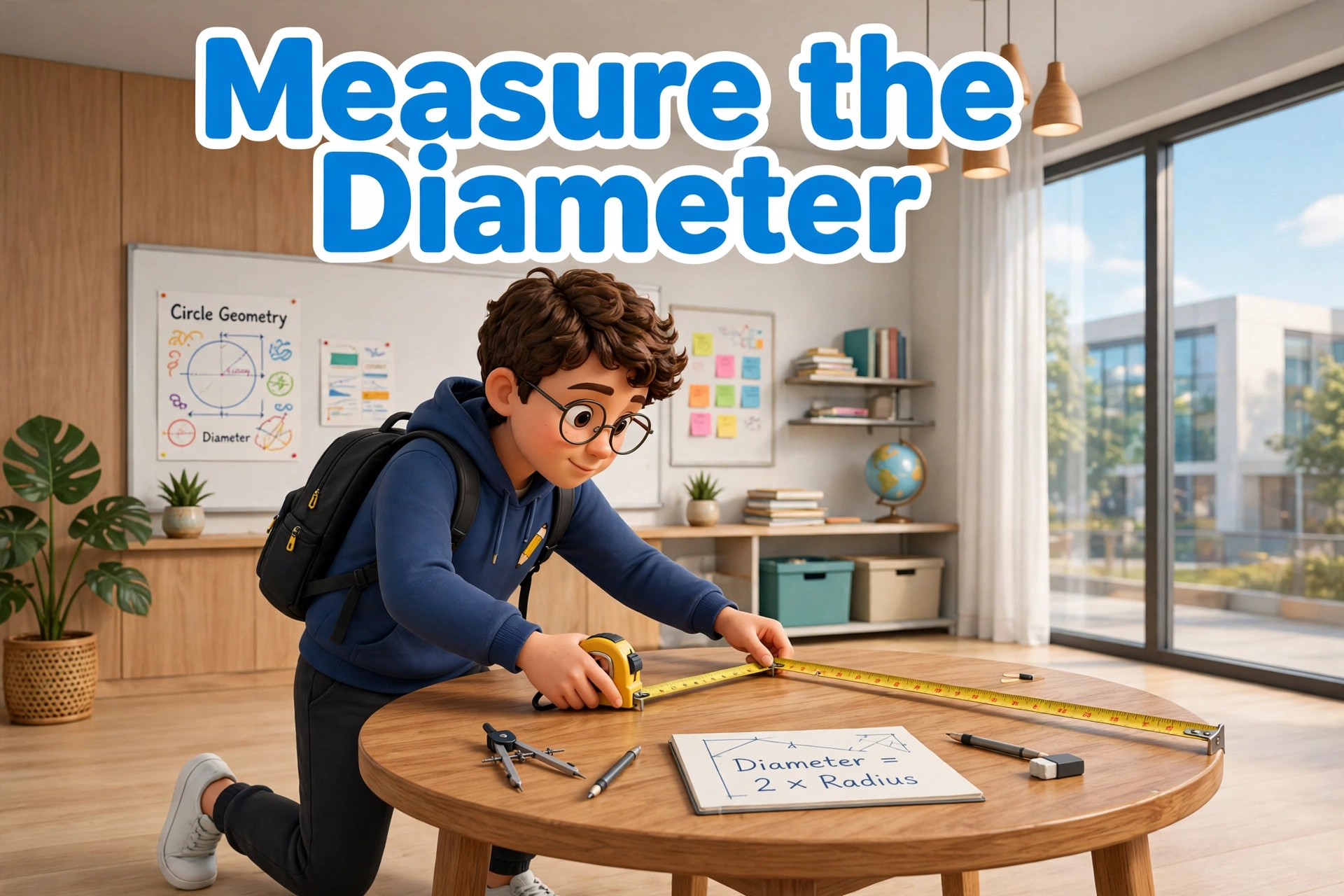 Circle calculator second hero: a student measuring a round table diameter on a large screen