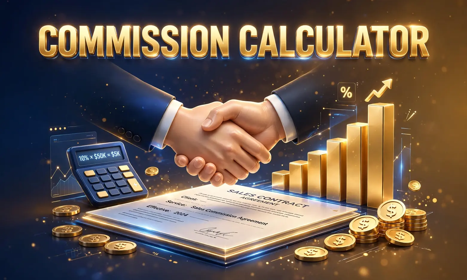 Commission hero: 3D handshake over a sales contract with rising chart