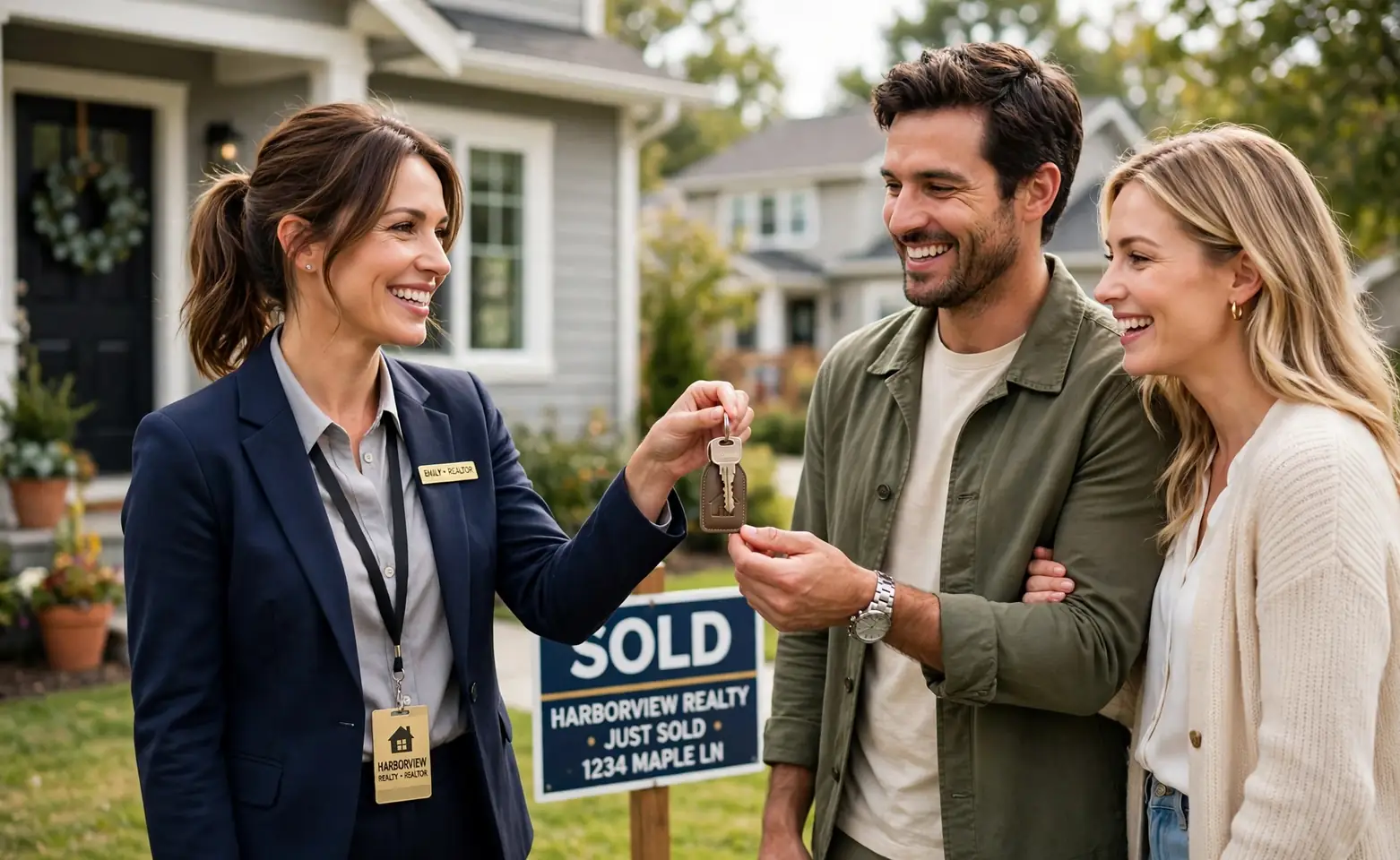 Commission second hero: real estate agent handing keys to home buyers