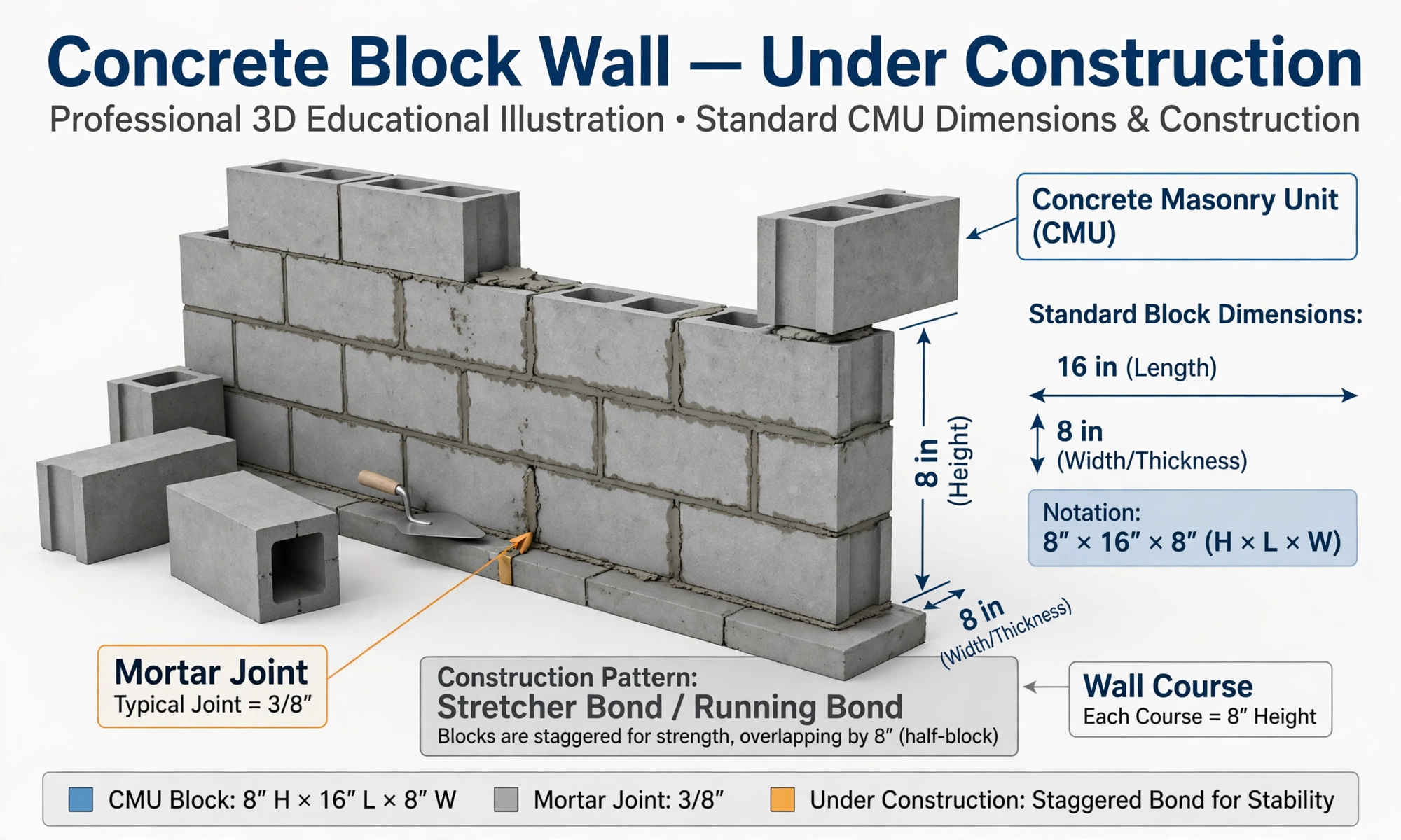 Concrete block hero: professional 3D concrete block wall under construction with labeled block dimensions