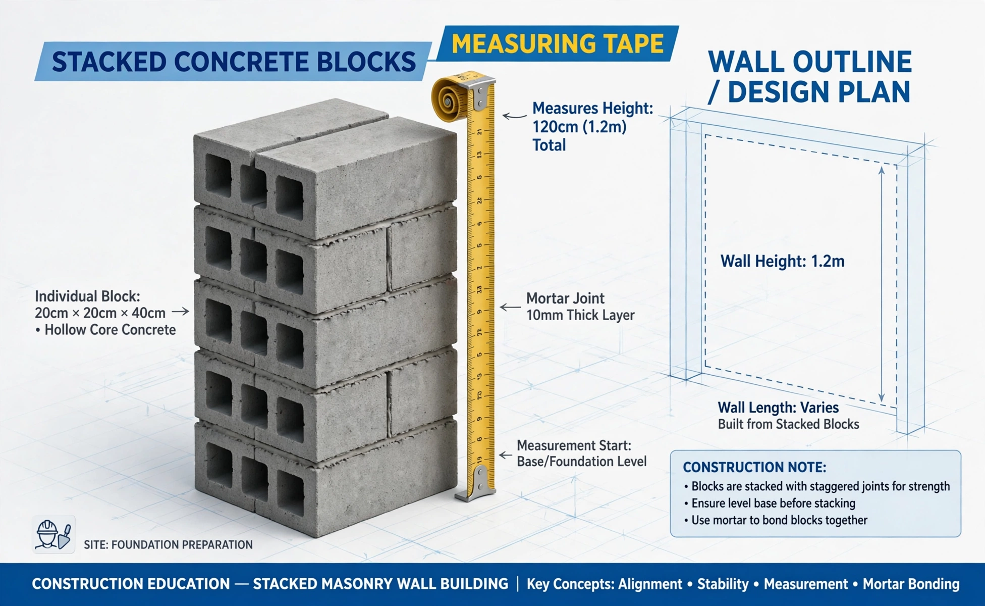 Concrete block second hero: 3D stacked concrete blocks with a measuring tape and wall outline