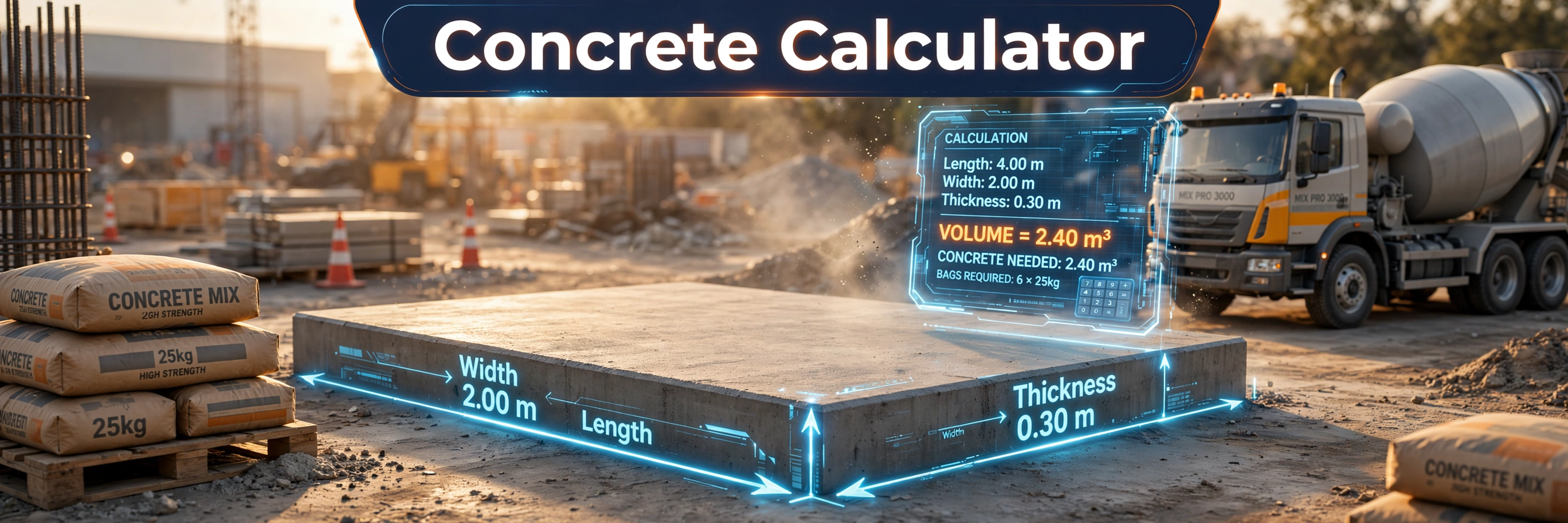 3D-style illustration of a concrete slab with glowing length, width and thickness dimension arrows, a concrete mixer truck, stacked concrete mix bags and a holographic volume calculation panel