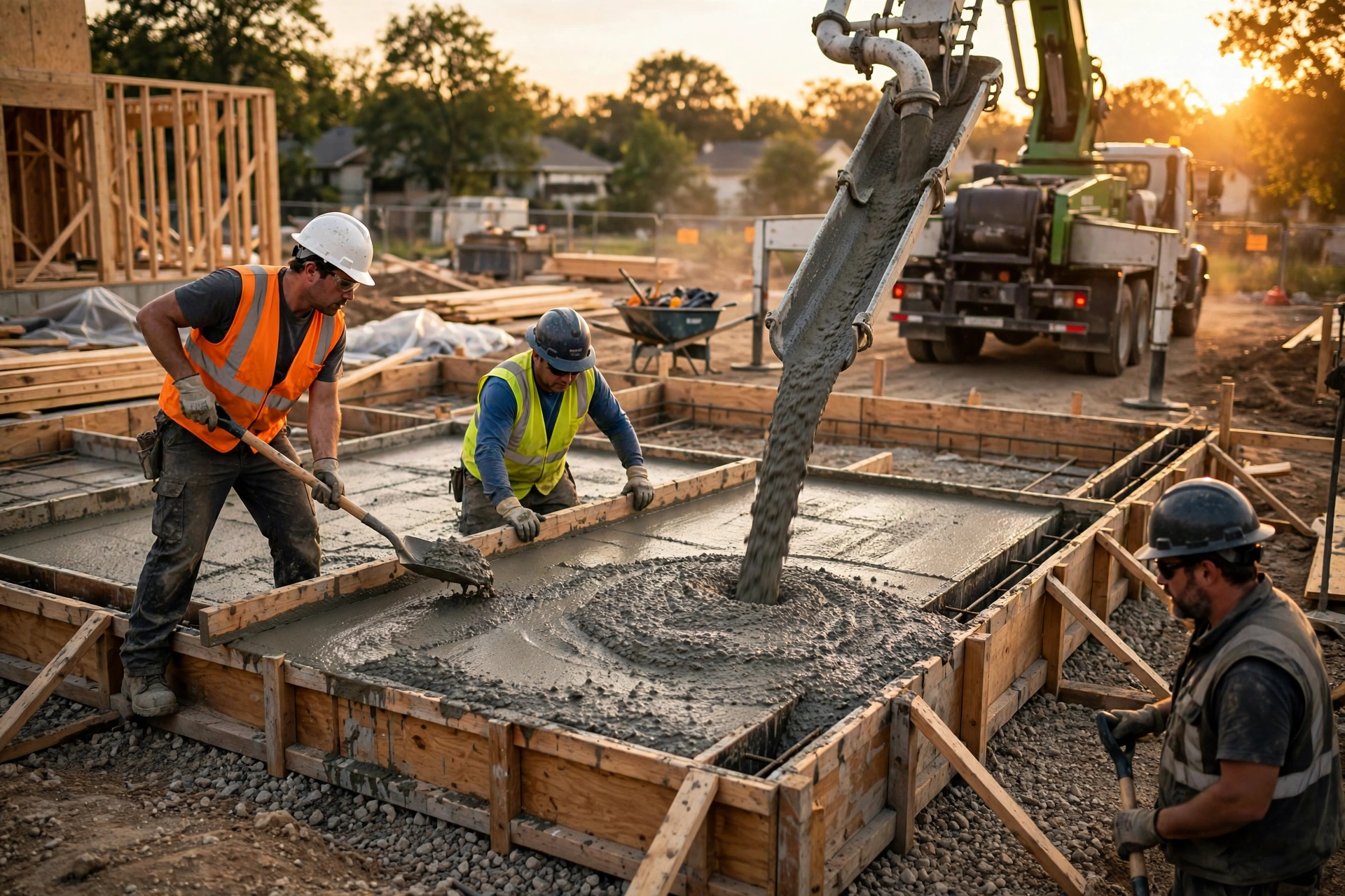Construction workers pouring wet concrete from a pump chute into wooden slab forms on a residential job site at sunset
