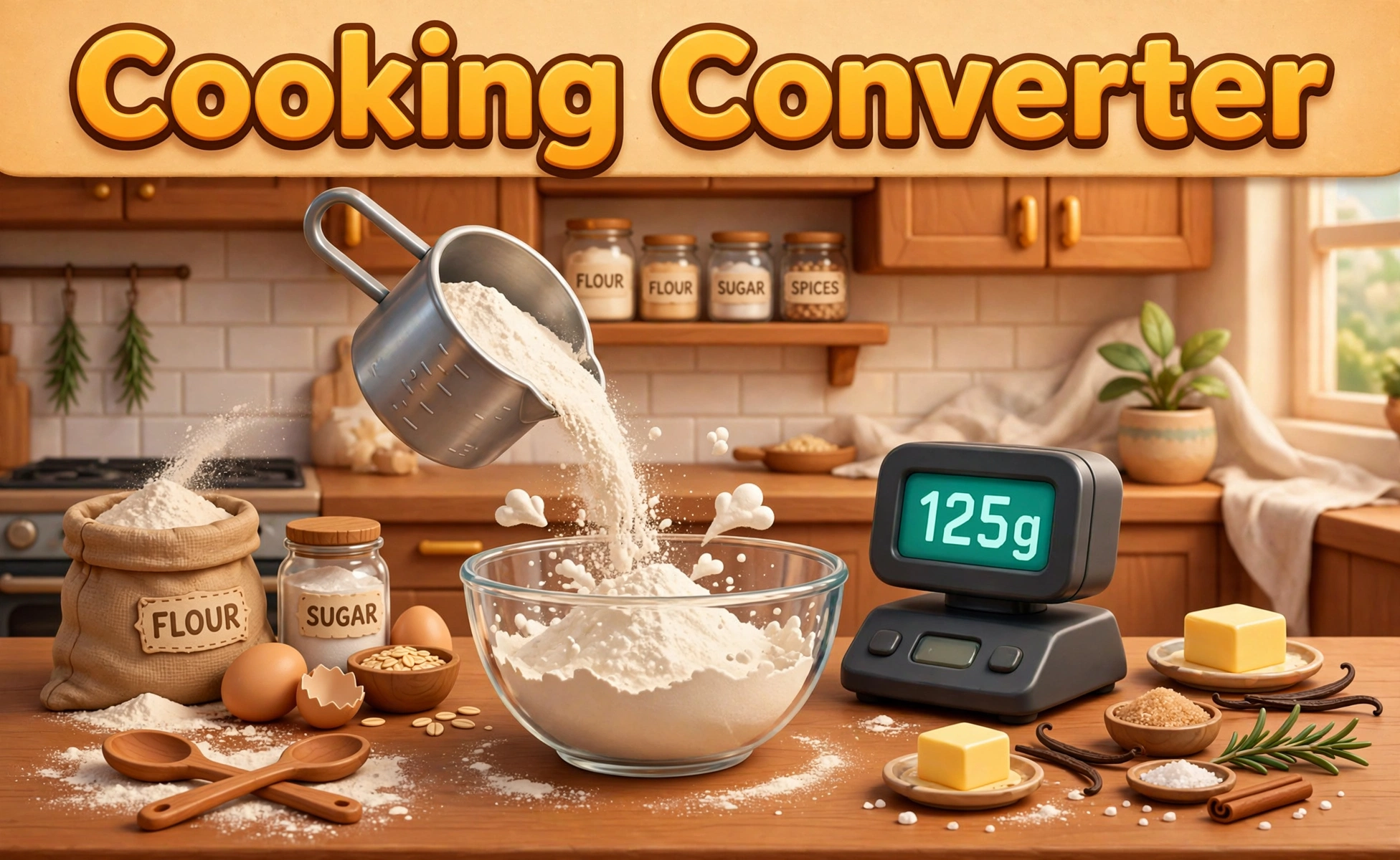 Cooking Converter — 3D illustration of a kitchen scene with a measuring cup pouring flour into a bowl beside a digital scale reading 125 grams