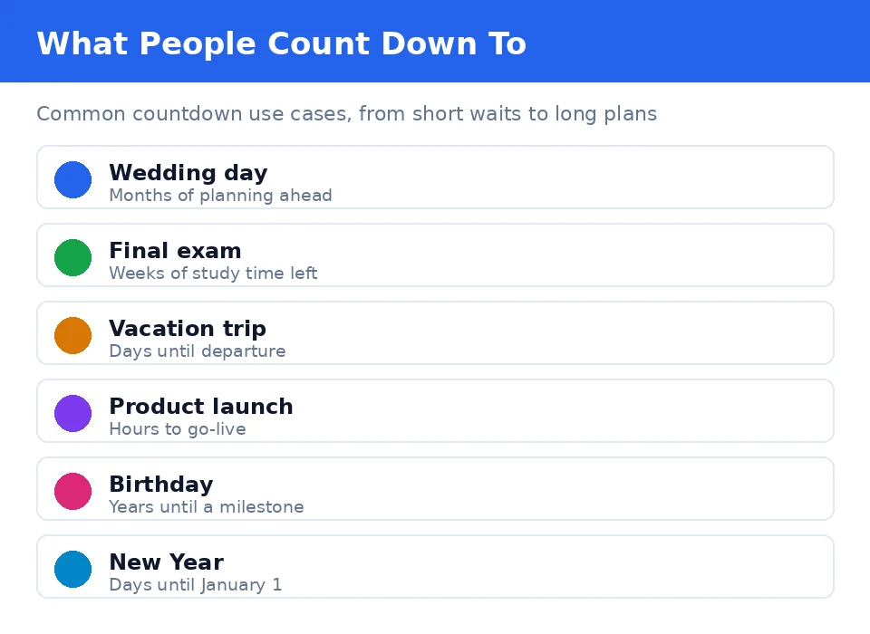 Use-case graphic listing common countdown events: wedding day, final exam, vacation trip, product launch, birthday and New Year