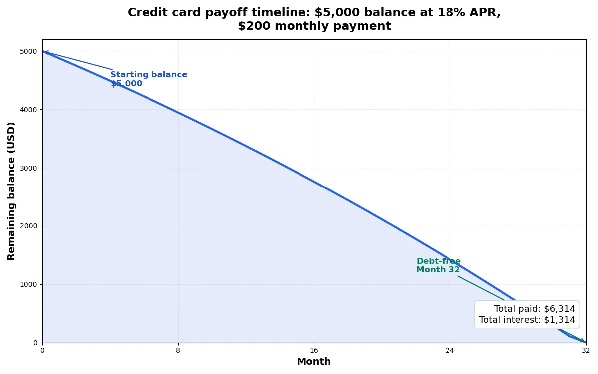 Line chart showing a $5,000 credit card balance at 18% APR falling to zero over 32 months with $200 monthly payments; total paid $6,314 and total interest $1,314 are labeled