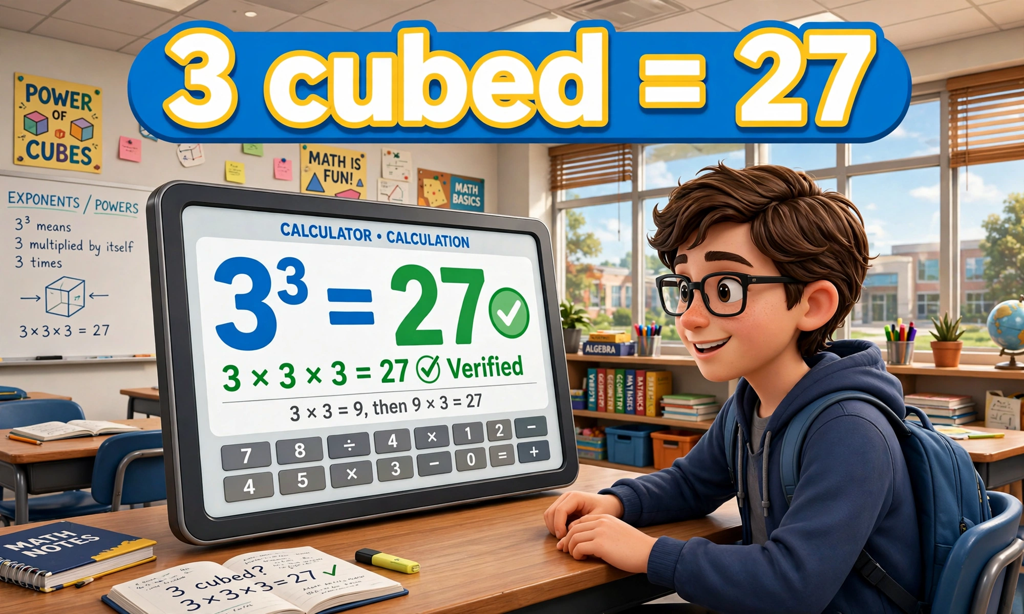 Cube root calculator second hero: a student checking that 3 cubed equals 27 on a large screen