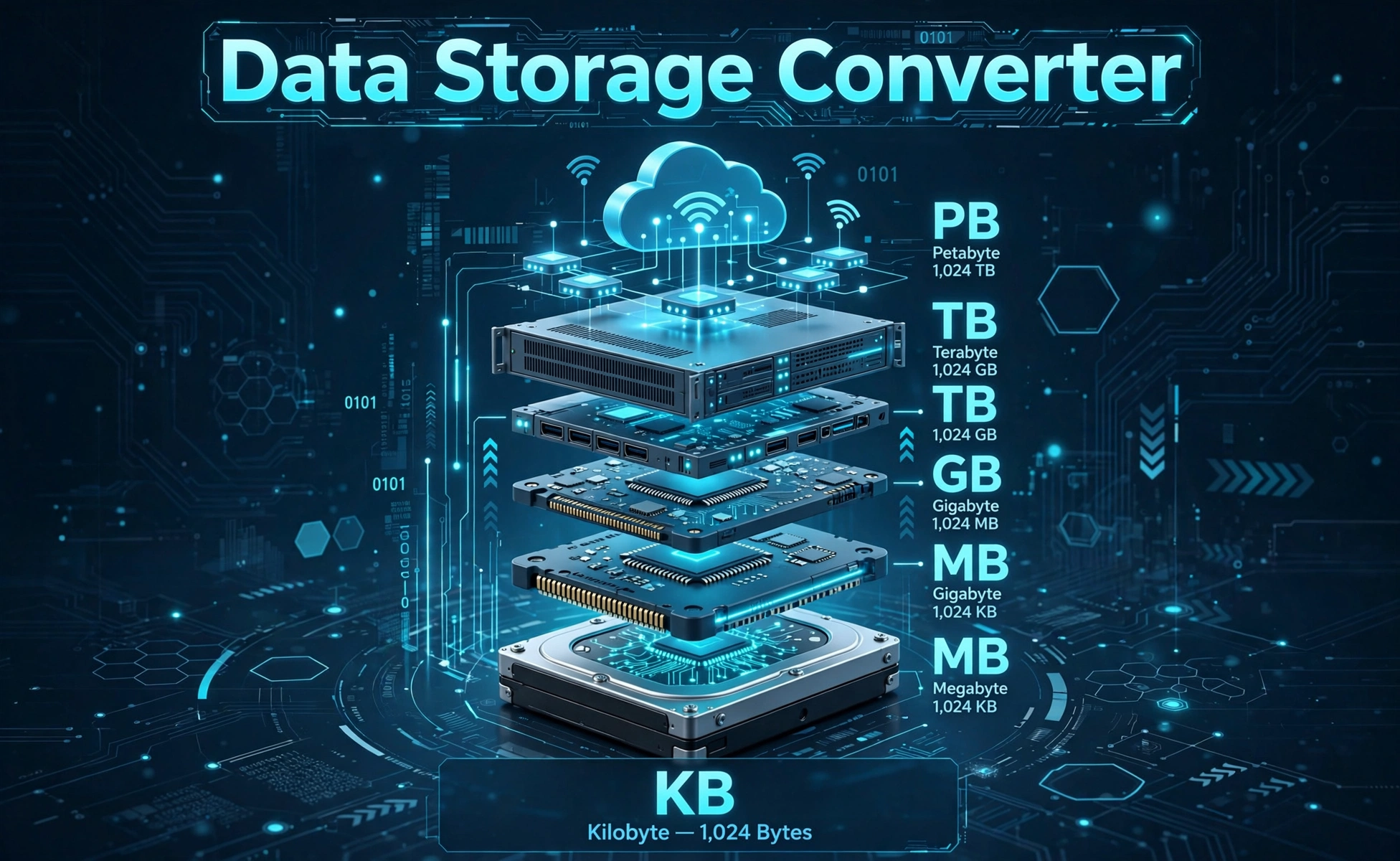 3D-style illustration of a glowing stack of hard drives, SSDs and cloud server icons with KB, MB, GB, TB, PB labels and Data Storage Converter text