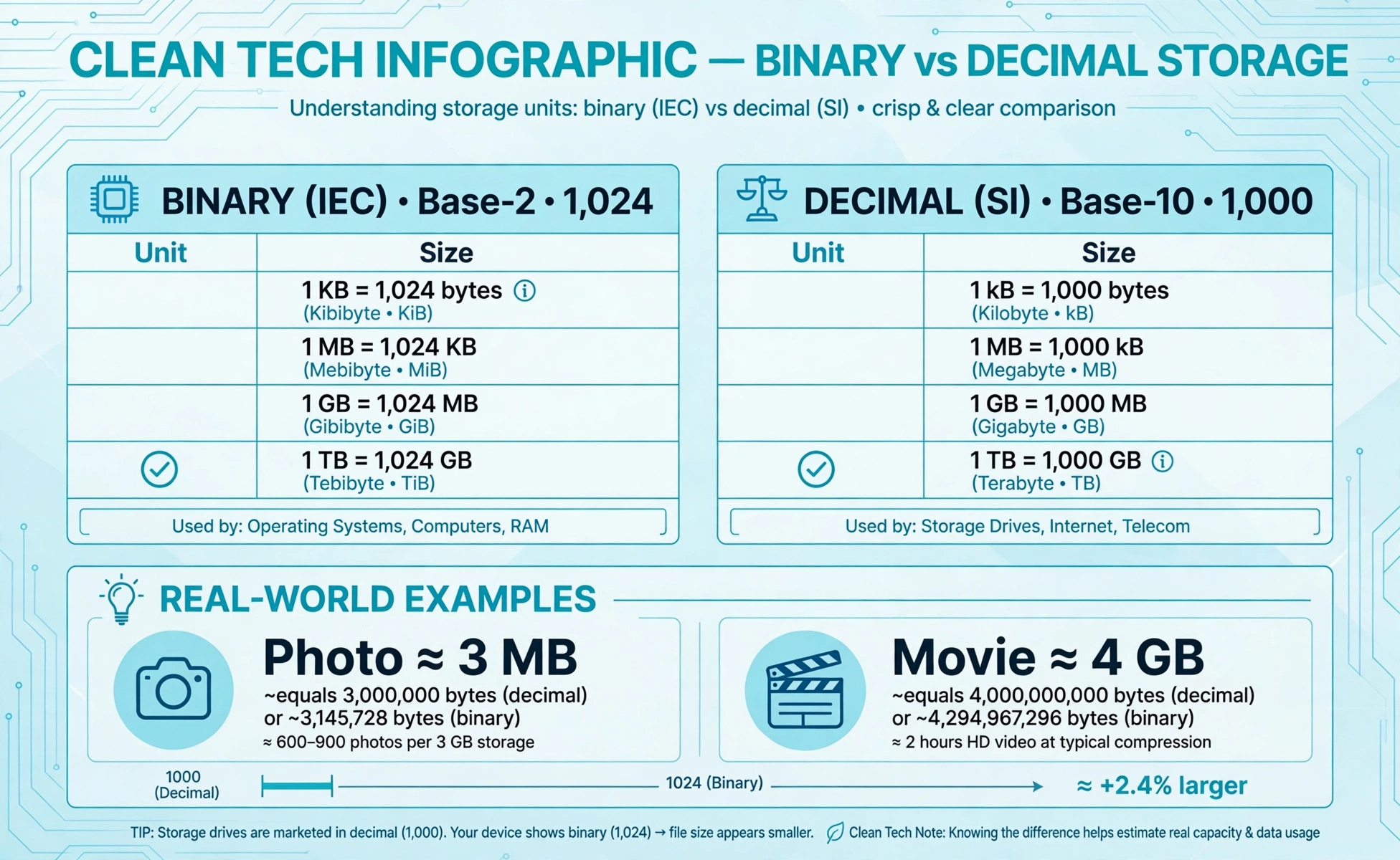 Tech infographic with a binary vs decimal conversion table and real-world file size examples like a photo = 3 MB and a movie = 4 GB