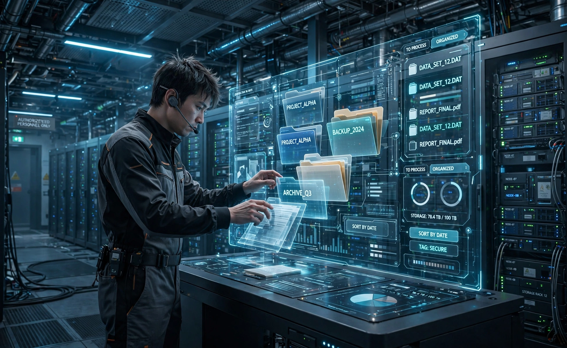 3D scene of a person organizing files on a holographic storage dashboard with server racks behind