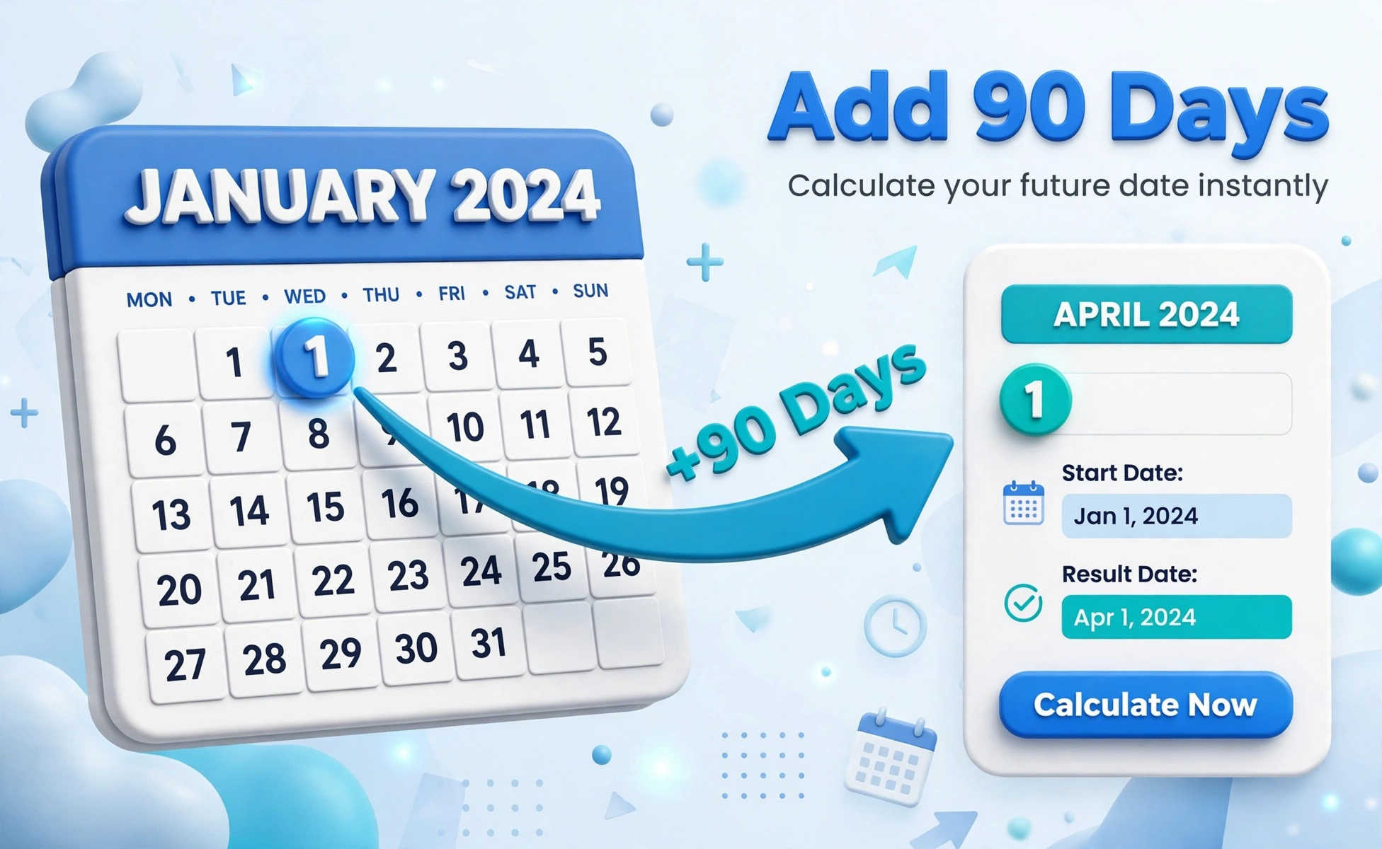 Date calculator hero: large 3D calendar with a date plus 90 days labeled