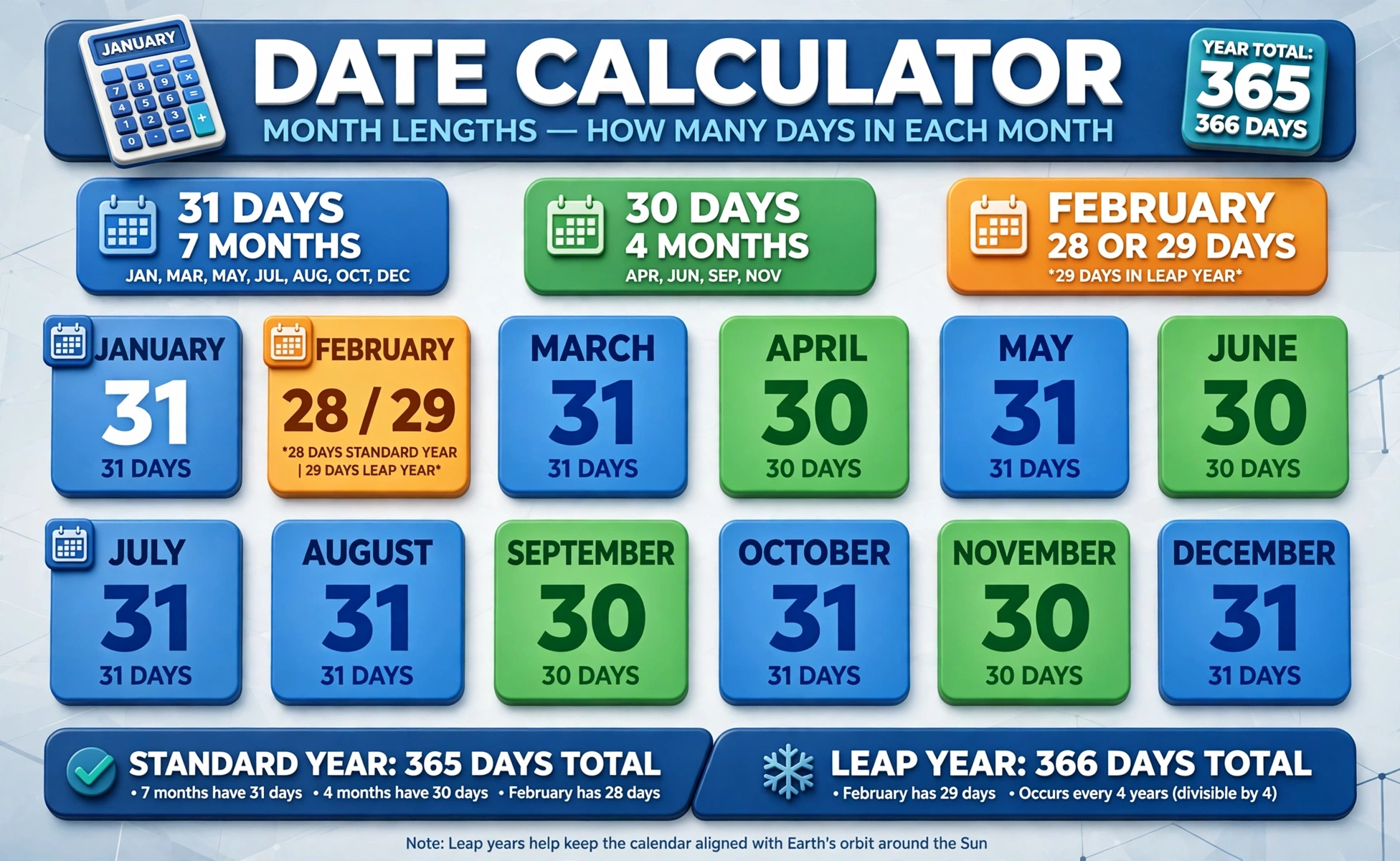 Month lengths chart: 31, 30 and 28 day months labeled