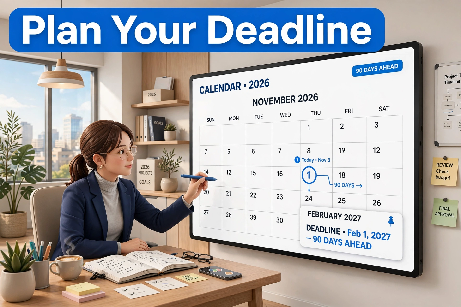 Date calculator second hero: a planner marking a deadline 90 days ahead on a large screen