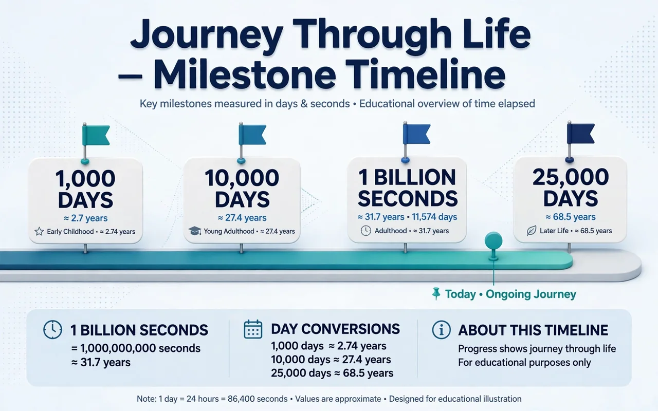 Days alive chart: milestone timeline with 1000 10000 25000 days and 1 billion seconds flags