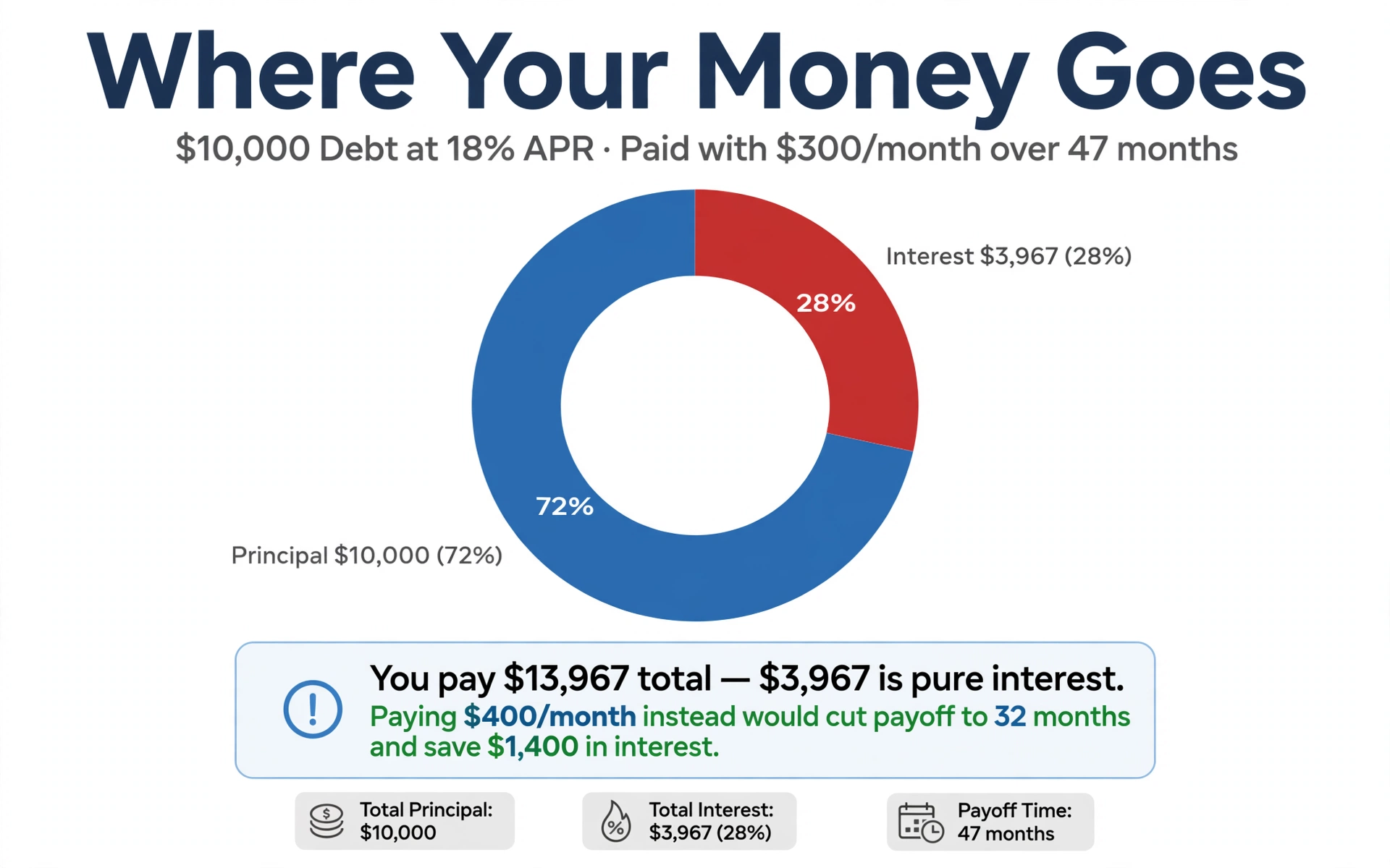 Donut chart showing that on a $10,000 debt at 18% APR paid at $300 per month, $3,967 of the $13,967 total is interest — 28% of every dollar paid