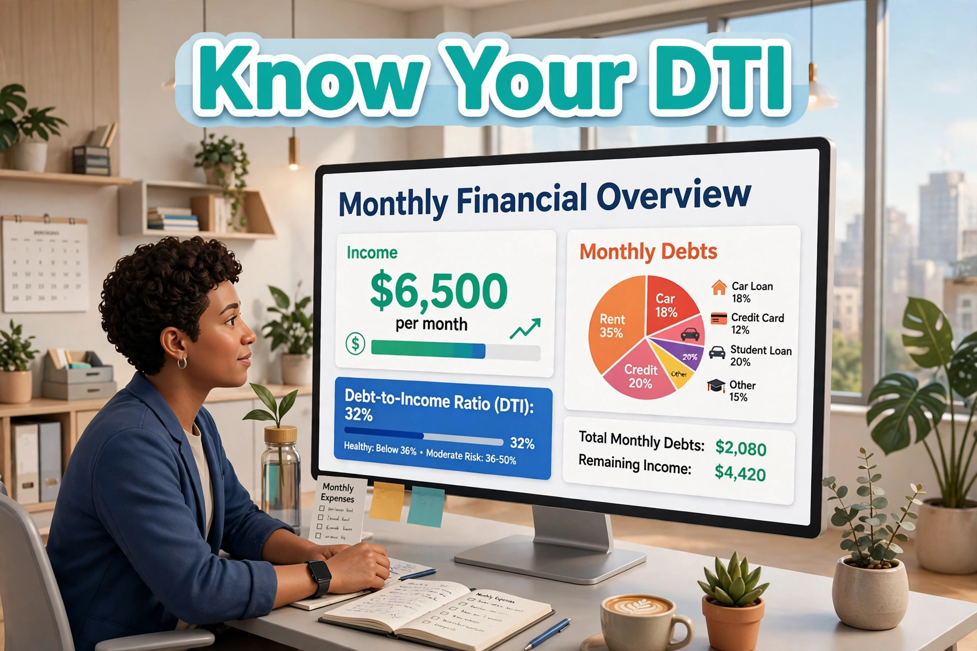 Debt-to-income calculator second hero: a borrower reviewing monthly debts on a large screen