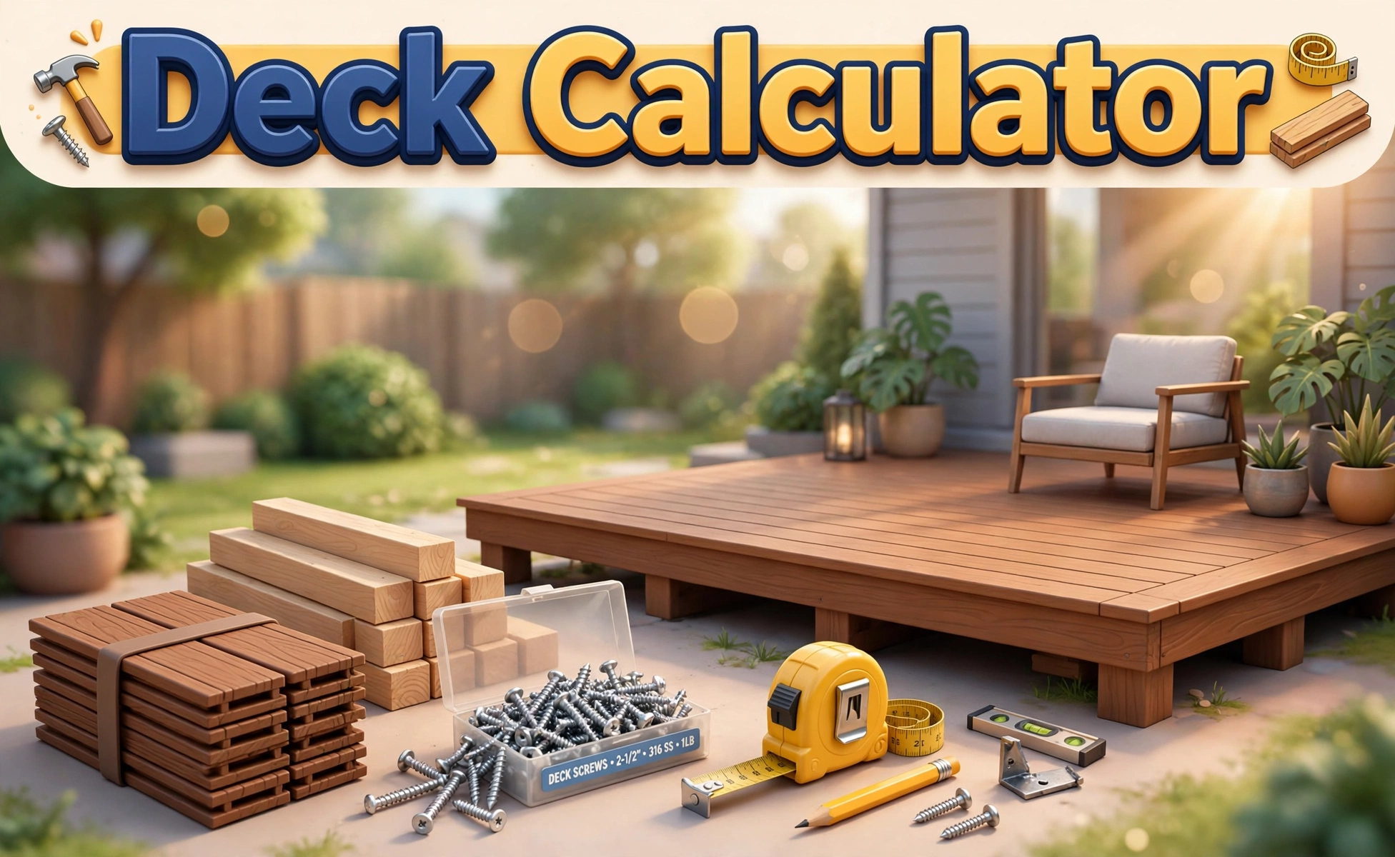 3D illustration of a finished wooden backyard deck surrounded by decking boards, joists, a box of deck screws, a tape measure and carpenter tools, with Deck Calculator text overlay