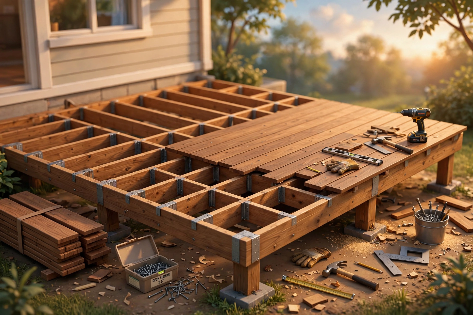 Wooden deck frame under construction with joists and partially laid deck boards, drill, hammer, screws and carpentry tools on a sunny job site