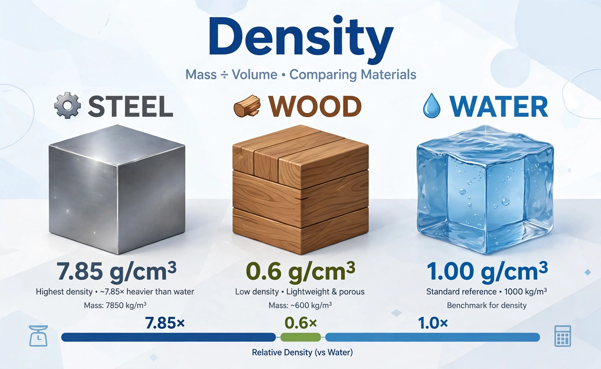 Density converter hero: large 3D blocks of steel, wood and water with densities labeled