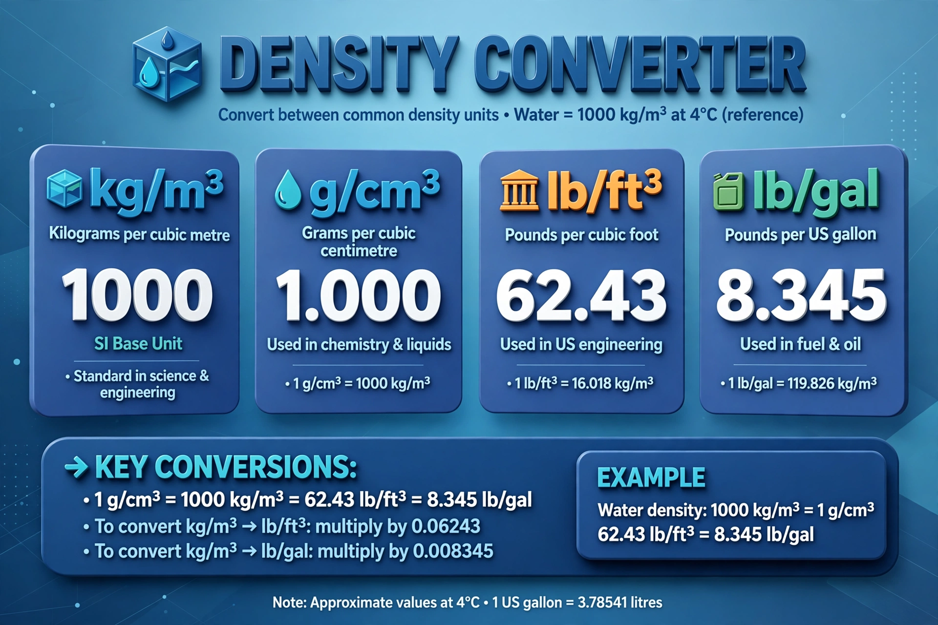 Density units chart: kg/m3, g/cm3, lb/ft3 and lb/gal conversion factors