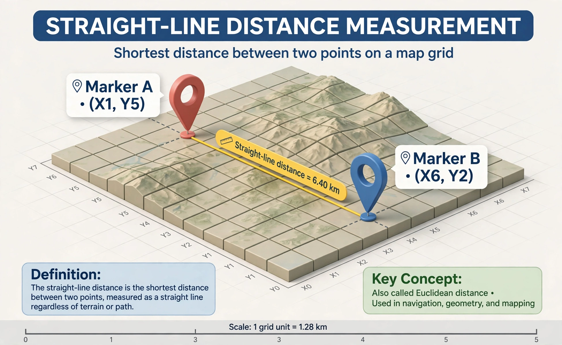Distance second hero: 3D map grid with a straight line measuring between two markers