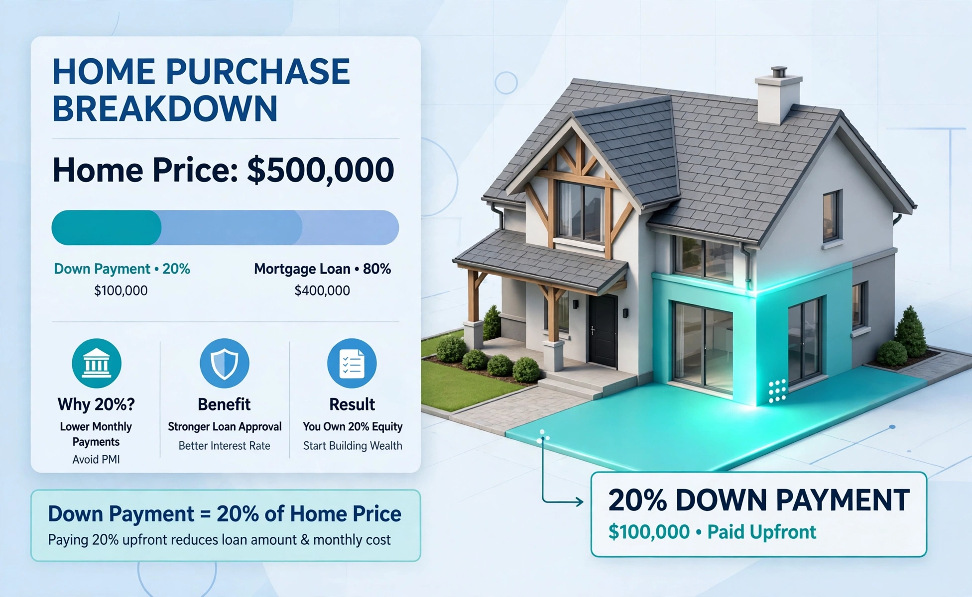 Down payment hero: large 3D house with 20 percent down payment labeled