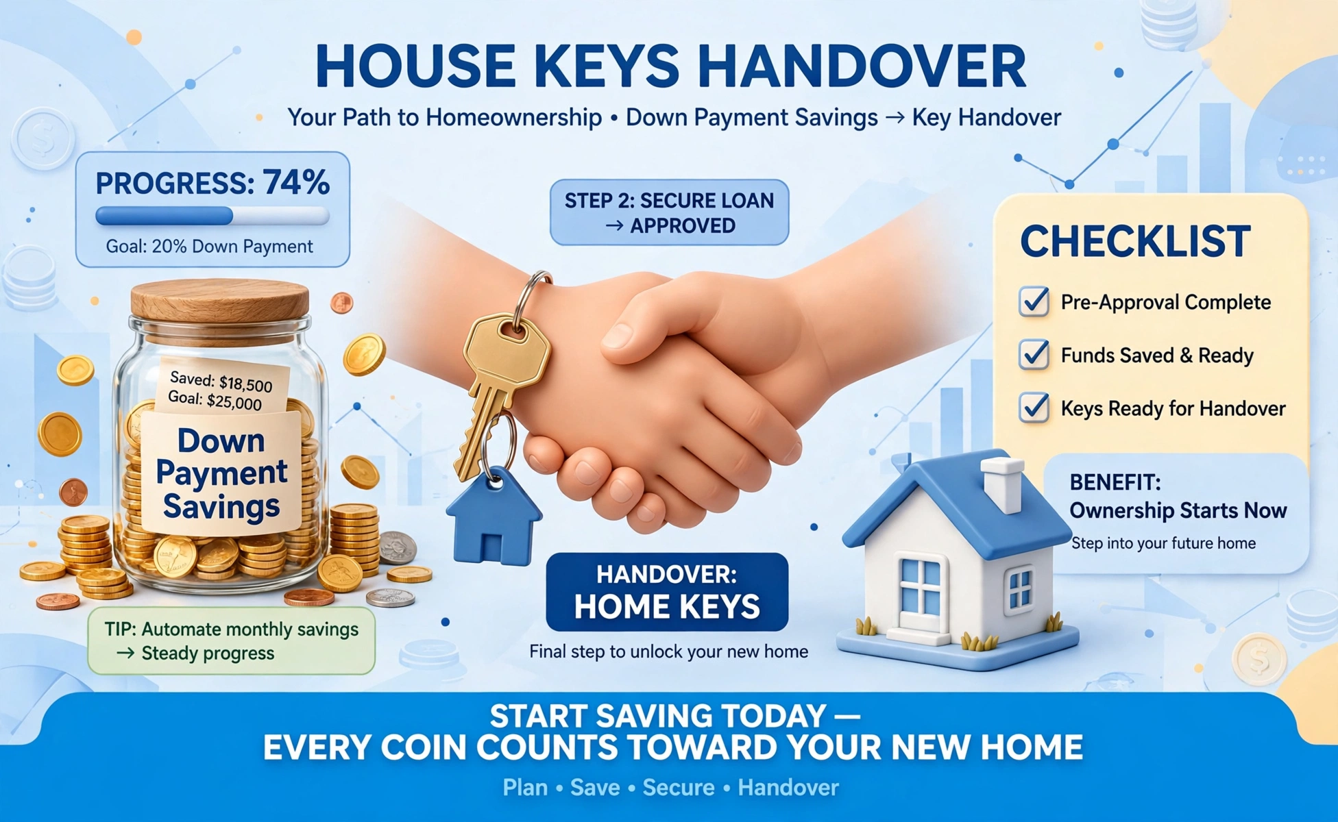 Down payment second hero: keys handover with down payment savings jar labeled