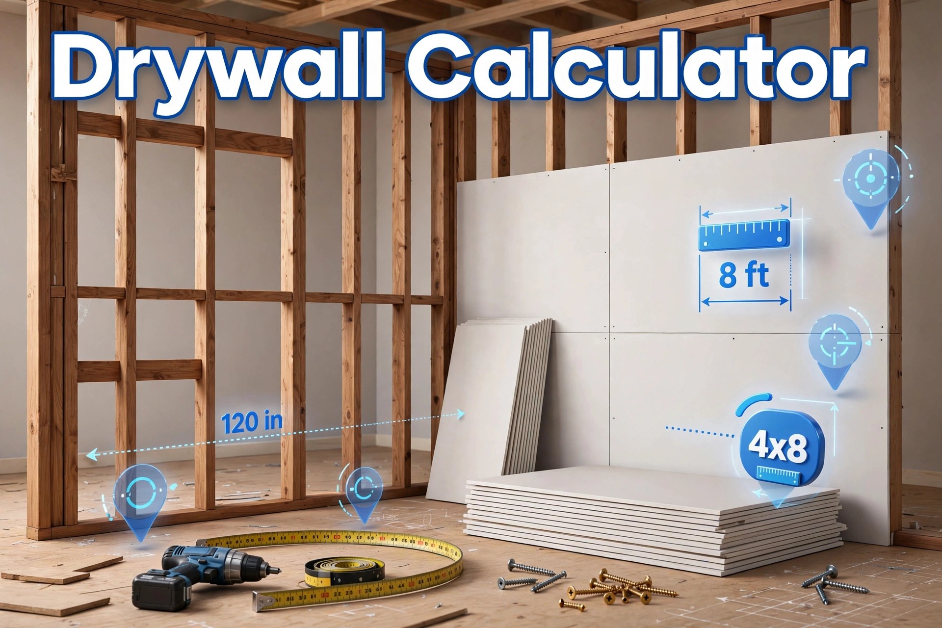 3D-style hero illustration of a room under construction with wooden wall studs, partially hung white drywall sheets, a stack of 4x8 sheets, and the text Drywall Calculator