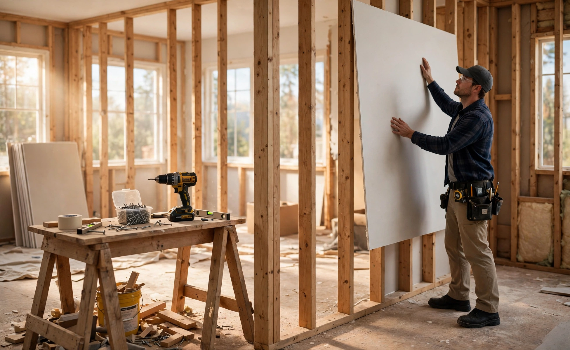 Illustration of drywall installation in progress: a worker holding a white drywall sheet against wooden wall studs with a screw gun and screws nearby