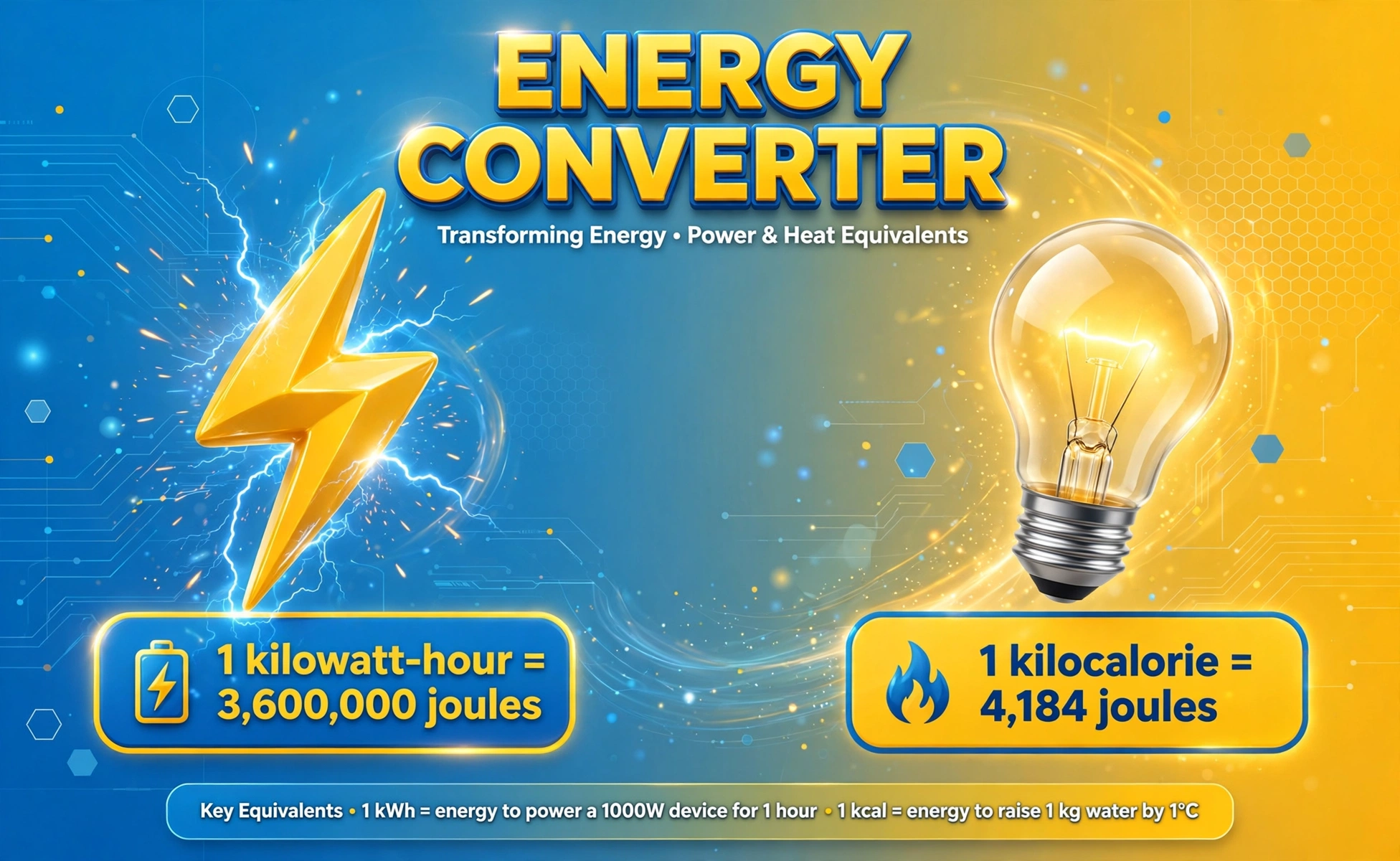 Energy converter hero: large 3D lightning bolt and light bulb with 1 kilowatt-hour equals 3,600,000 joules