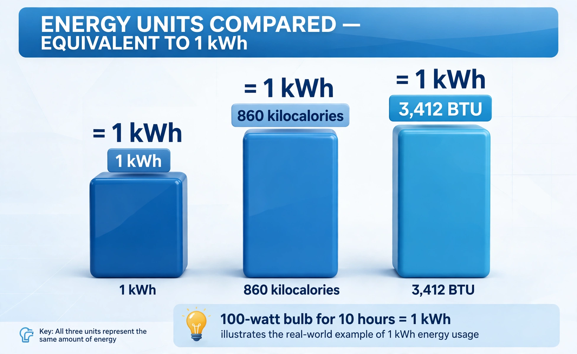 Energy units bar chart: 1 kWh, 860 kilocalories, 3,412 BTU labeled