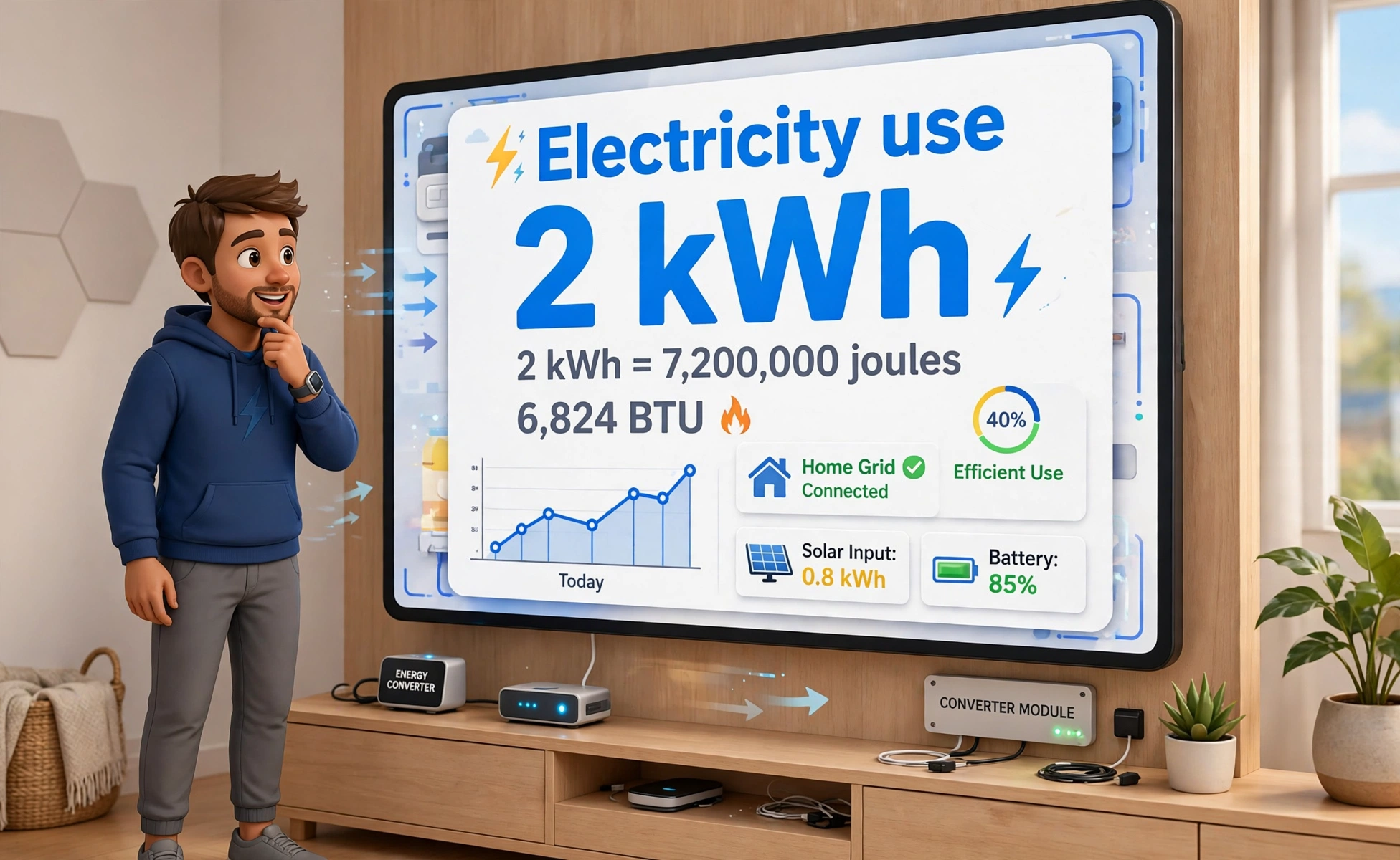 Energy converter second hero: a person checking home electricity use on a large screen showing 2 kWh