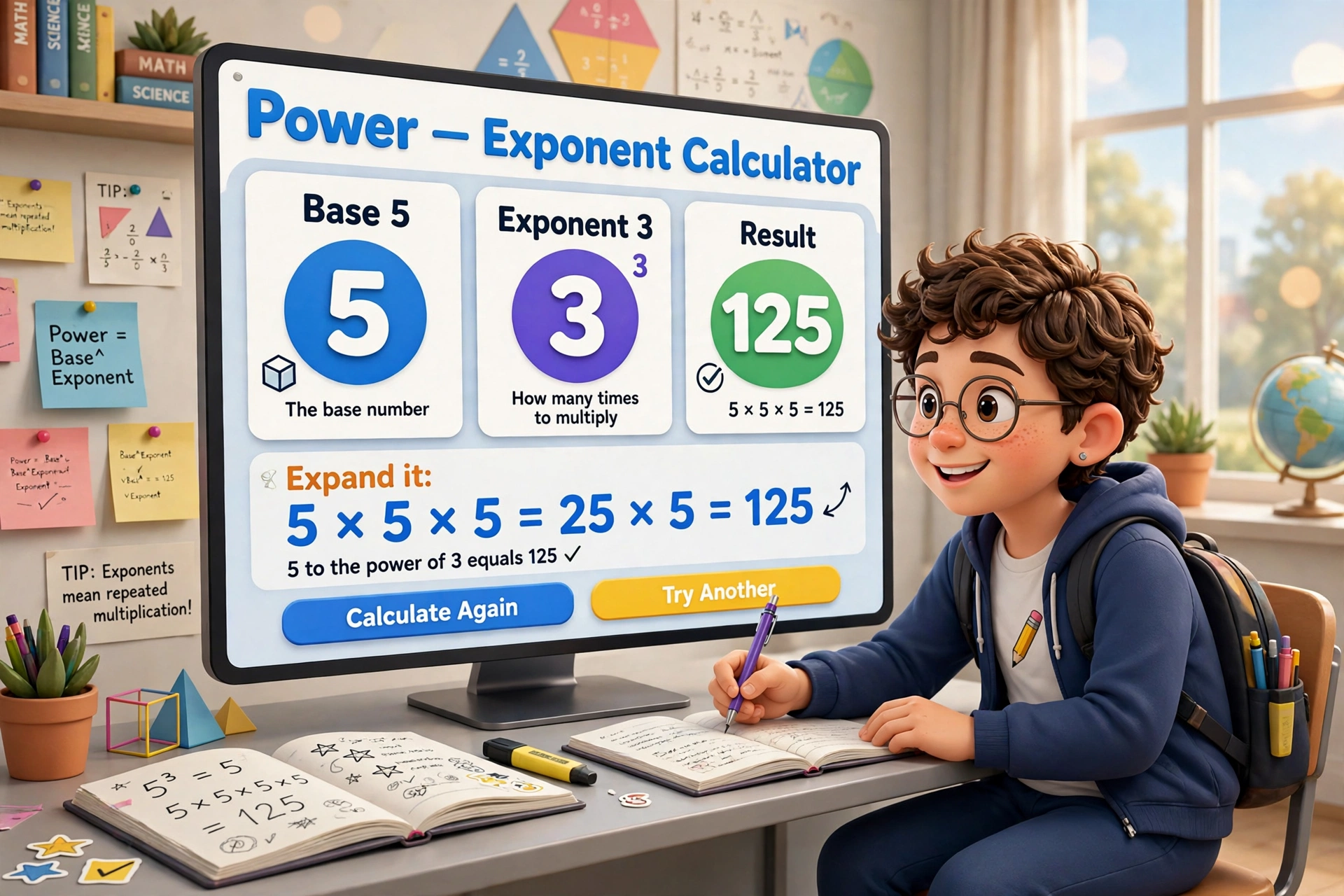 Exponent calculator second hero: a student working out 5 to the power 3 equals 125 on a large screen