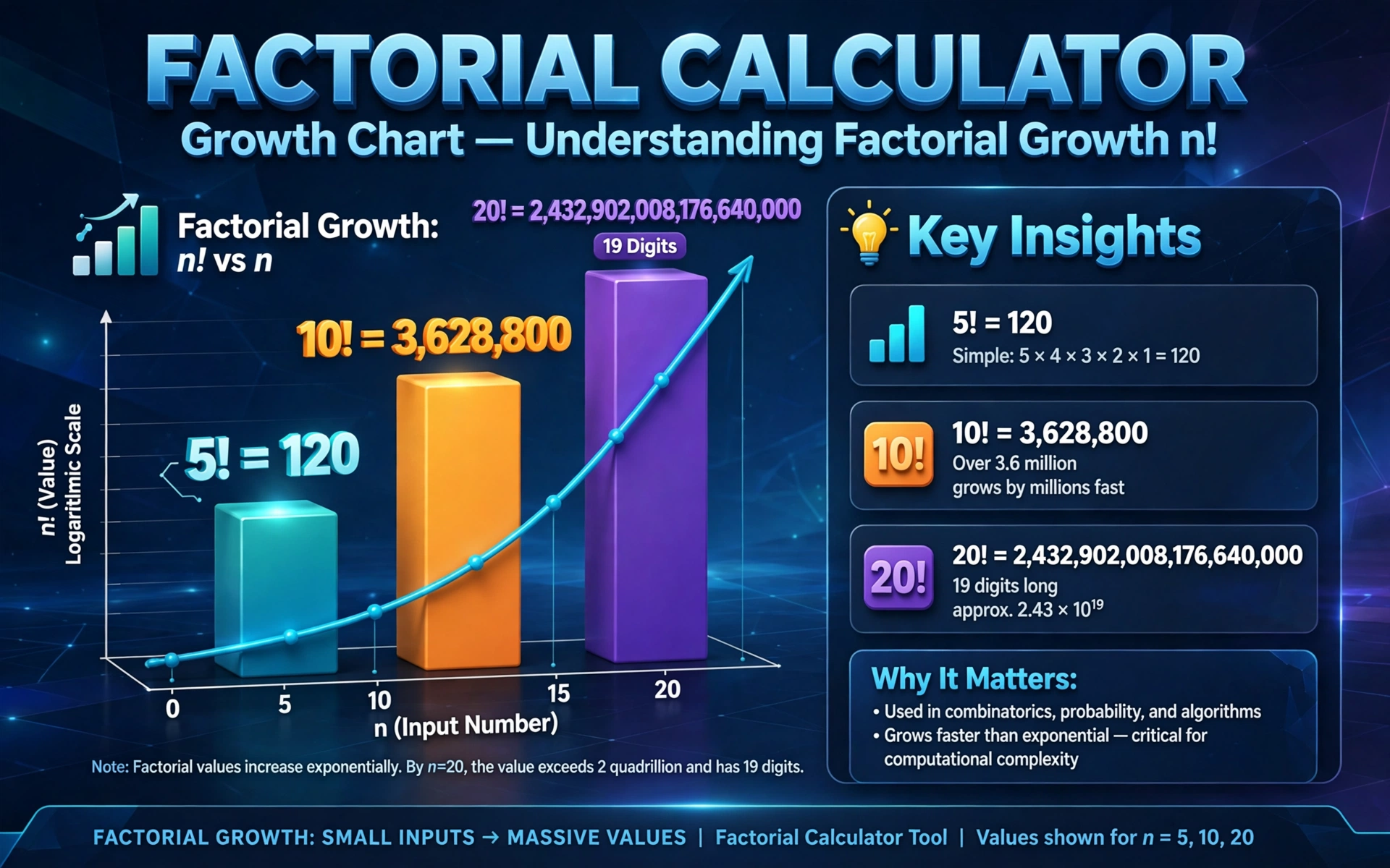 Factorial growth chart: 5, 10 and 20 factorials with digit counts labeled