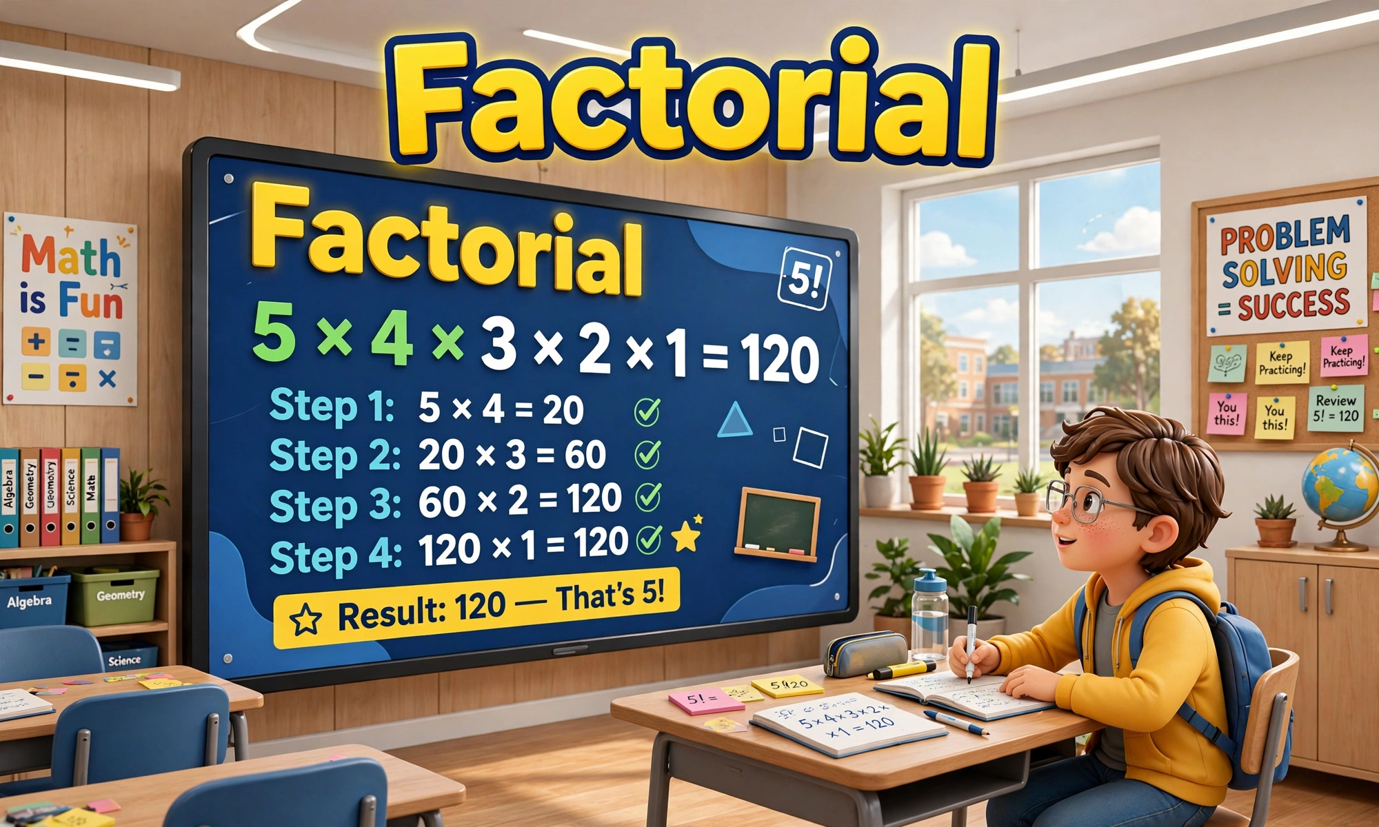Factorial calculator second hero: a student working out 5 times 4 times 3 times 2 times 1 on a large screen