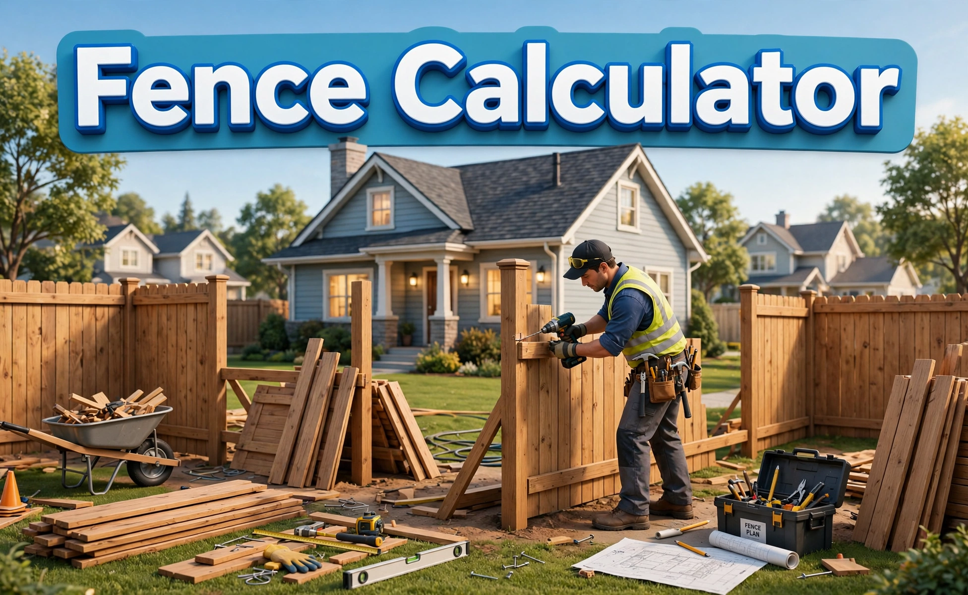 3D-style hero illustration of a wooden privacy fence being built around a suburban house, worker with tools, with Fence Calculator text