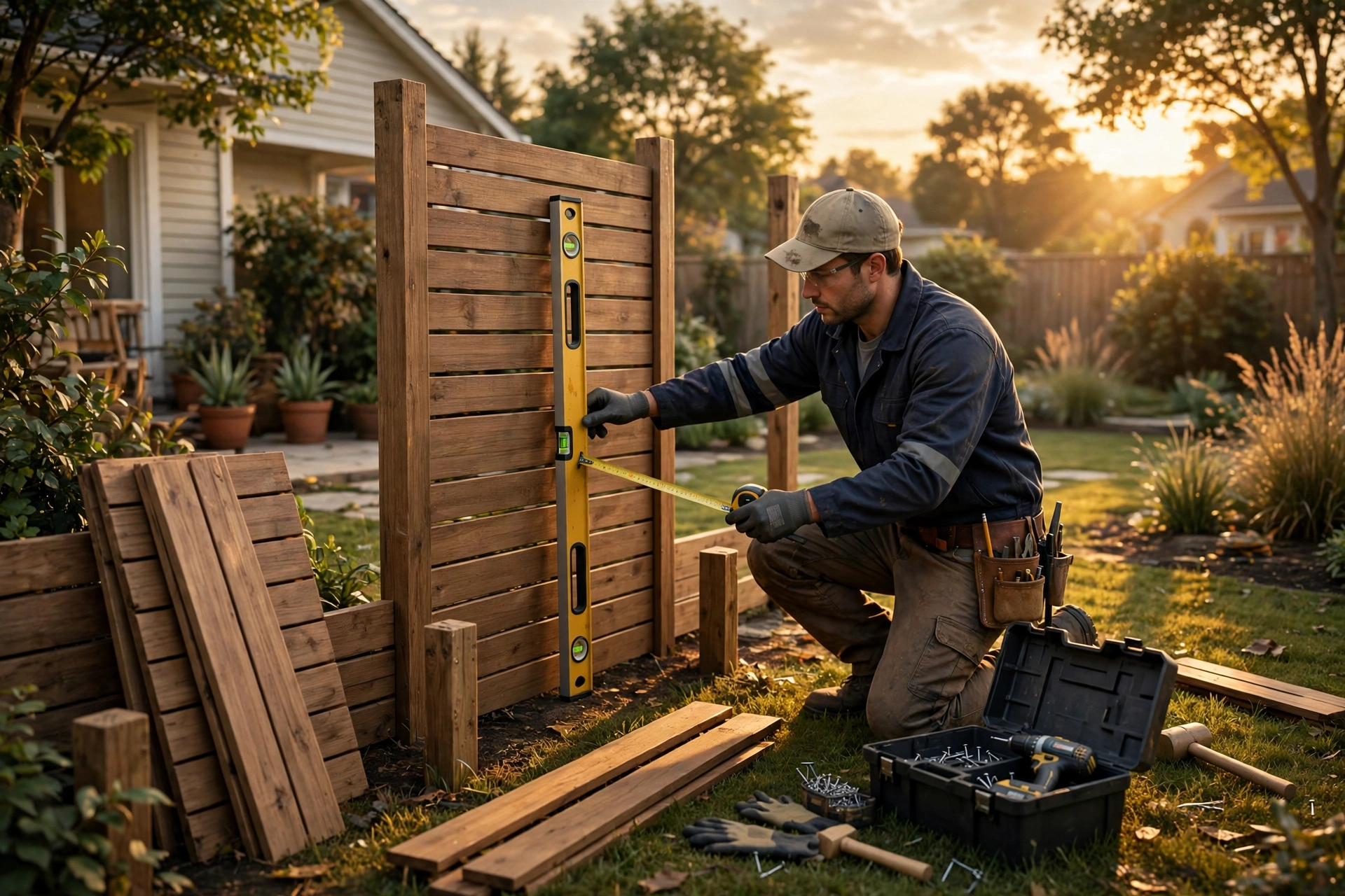 3D scene of a worker installing wooden fence panels with a measuring tape and level, backyard setting