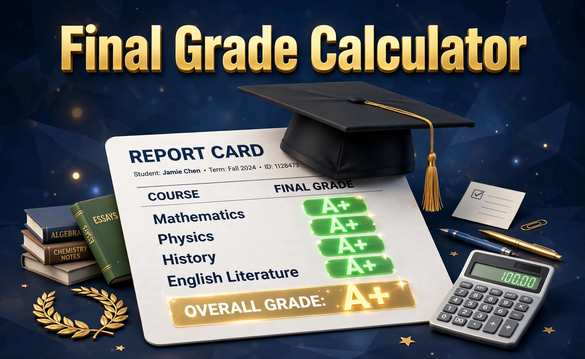 3D-style academic illustration of a graduation cap resting on a report card showing a glowing A+ grade, with Final Grade Calculator text