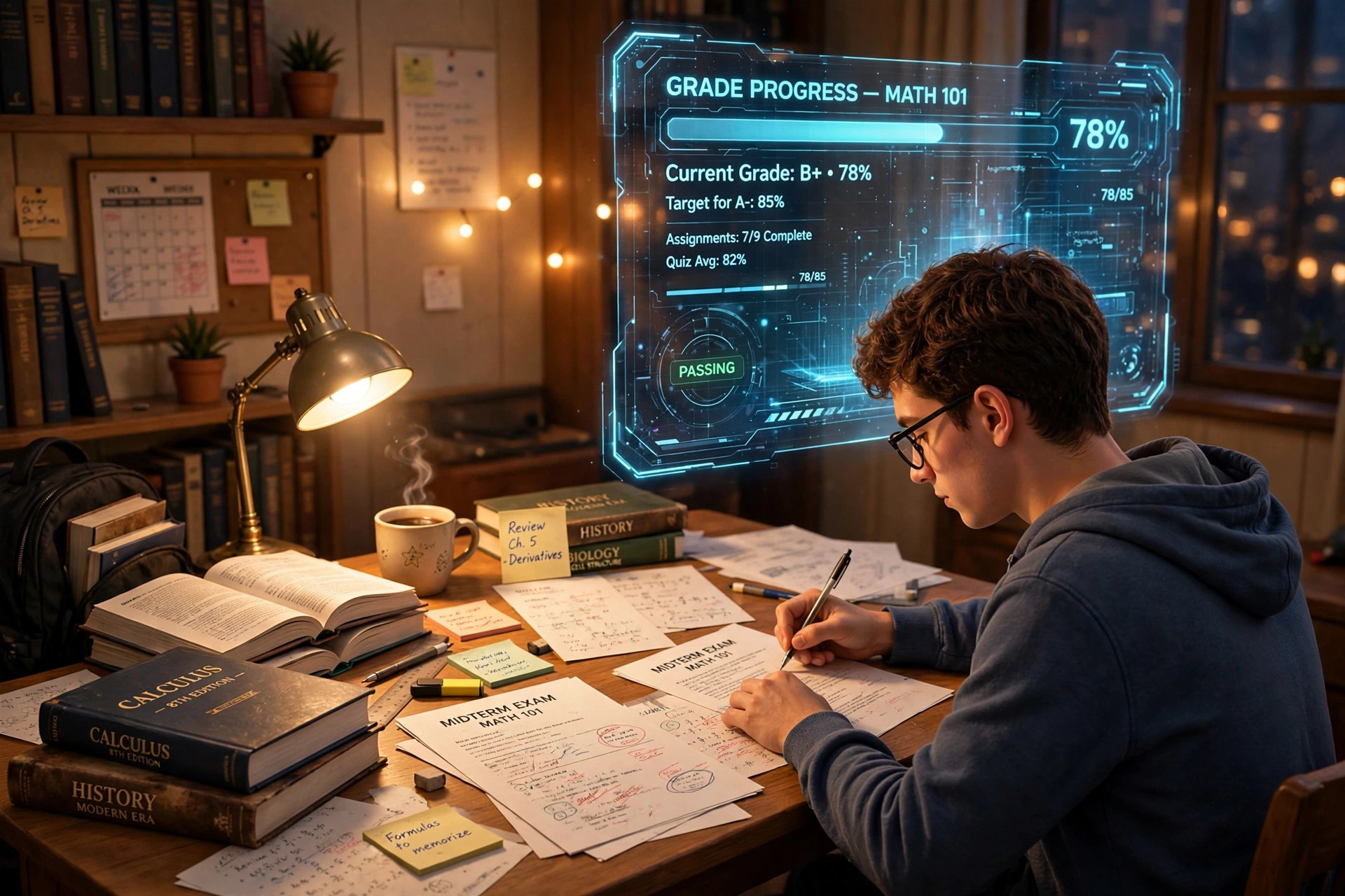 3D scene of a student studying at a desk with exam papers, textbooks and a holographic progress bar showing grade progress