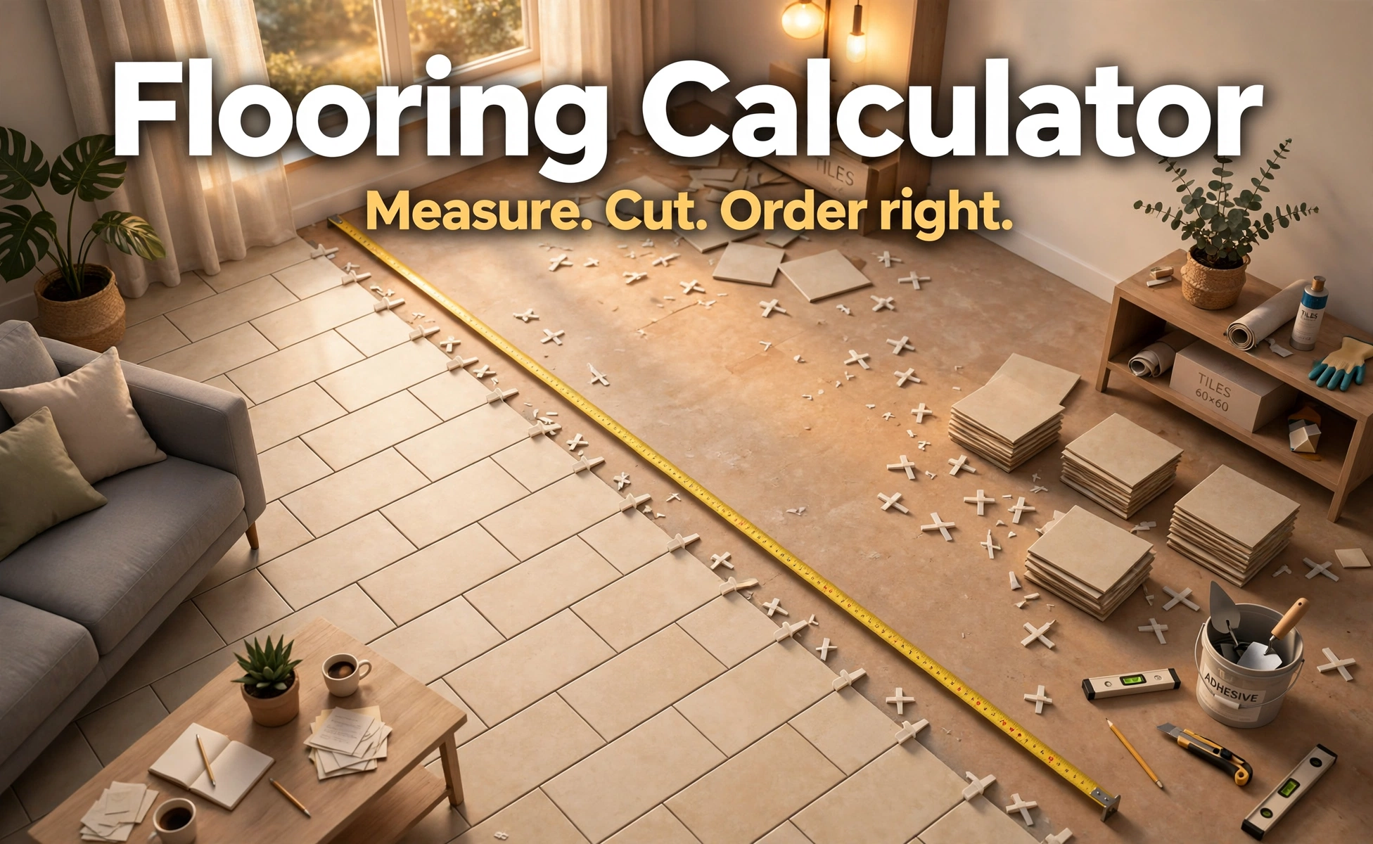 3D-style illustration of a living room with floor tiles being laid, a measuring tape stretched across the floor, and the text 'Flooring Calculator — Measure. Cut. Order right.'