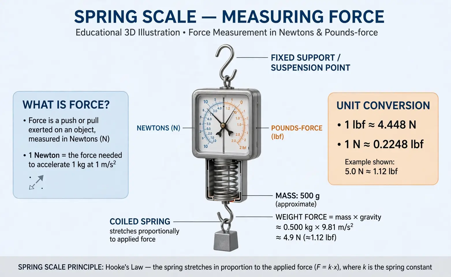 Force second hero: 3D spring scale measuring force in newtons and pounds-force