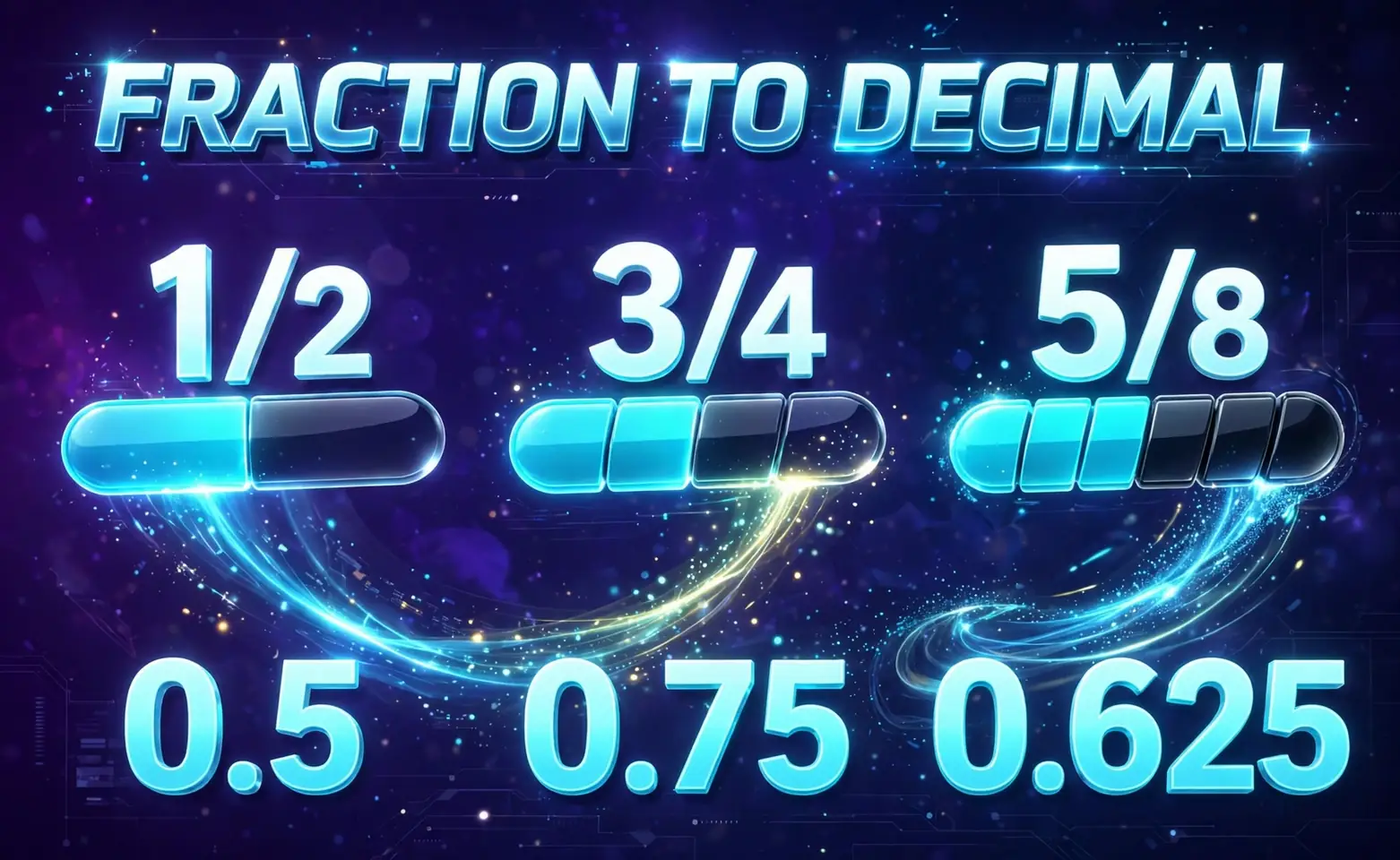 Fraction to decimal hero: 3D fraction bars transforming into decimal numbers