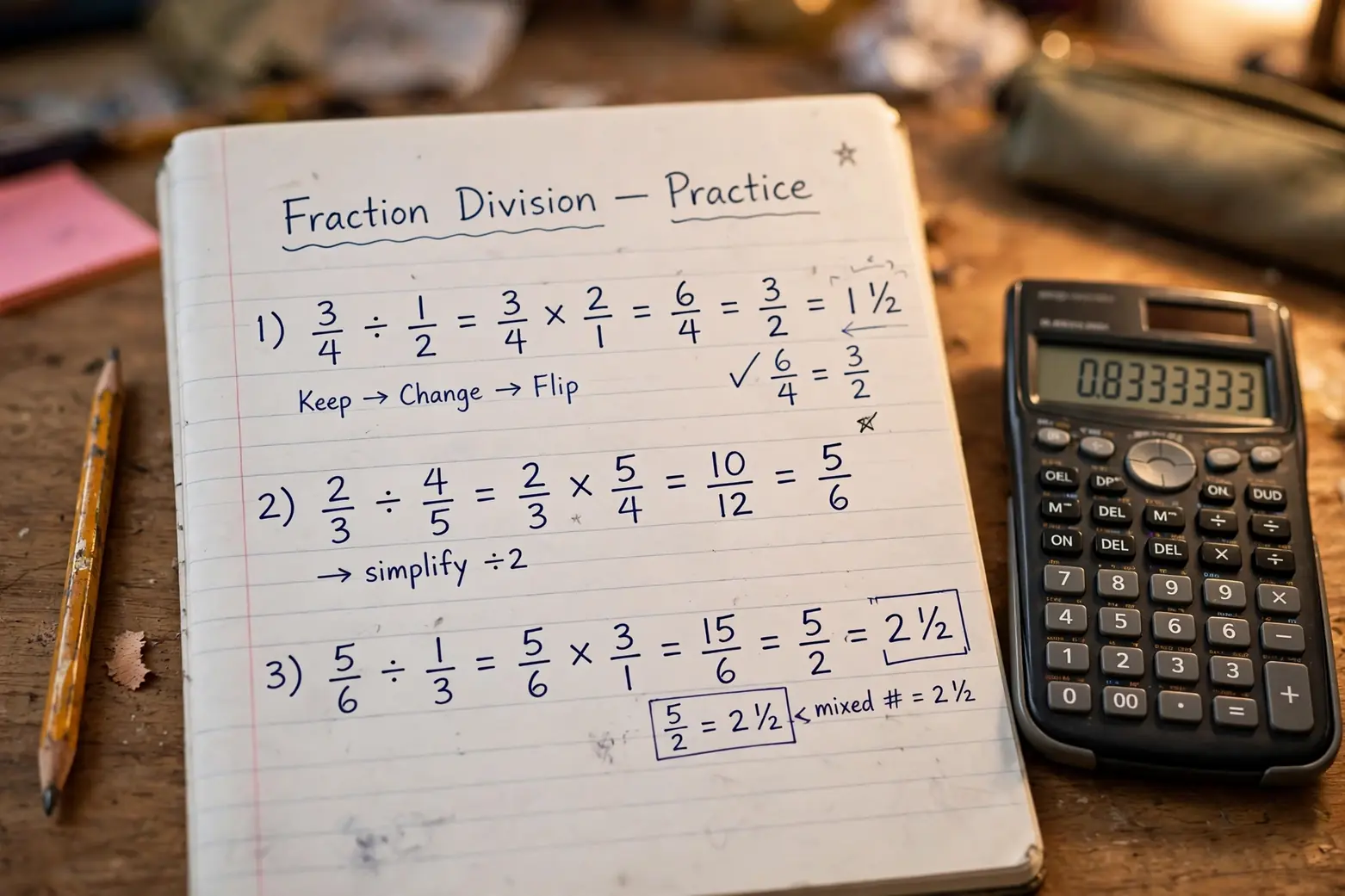 Fraction to decimal second hero: student notebook with fraction division work