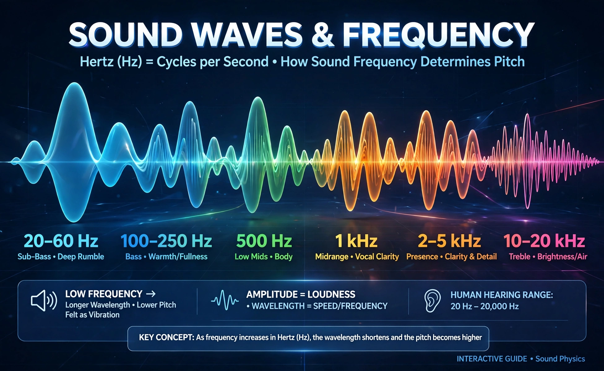 Frequency converter hero: large 3D sound waves labeled in hertz