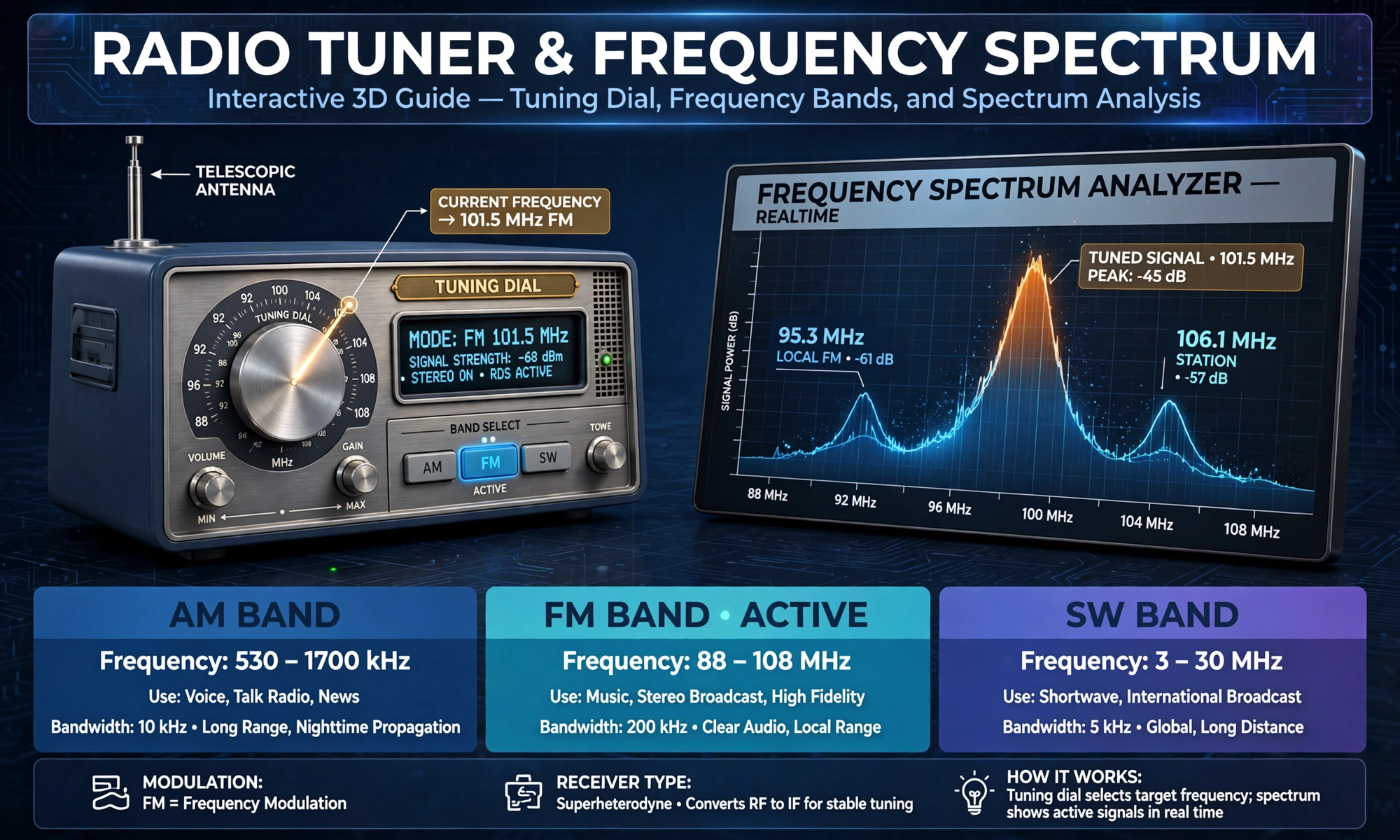 Frequency converter second hero: radio dial and frequency spectrum labeled