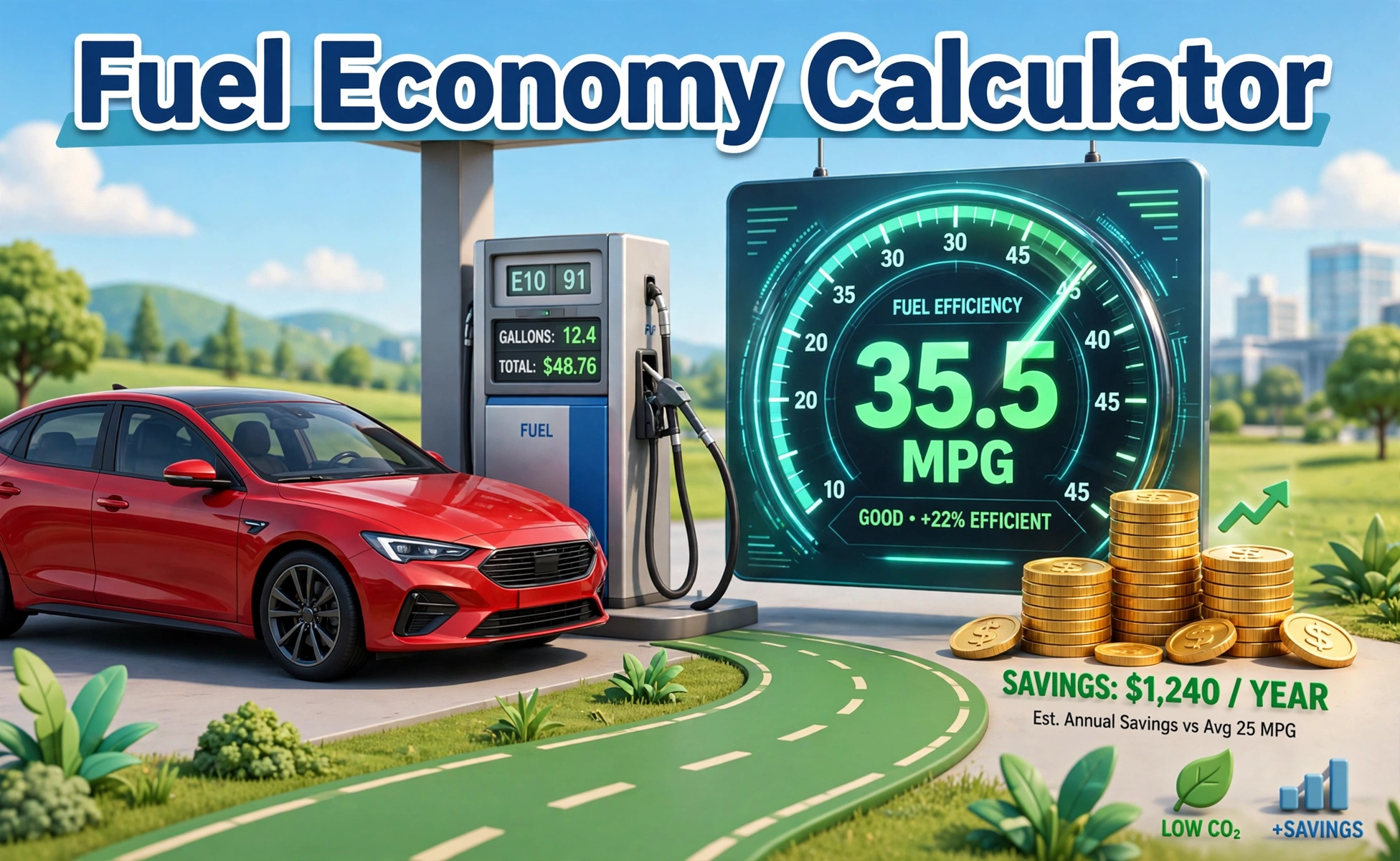 Fuel Economy Calculator — 3D illustration of a red car at a fuel pump beside a glowing fuel-efficiency gauge reading 35.5 MPG