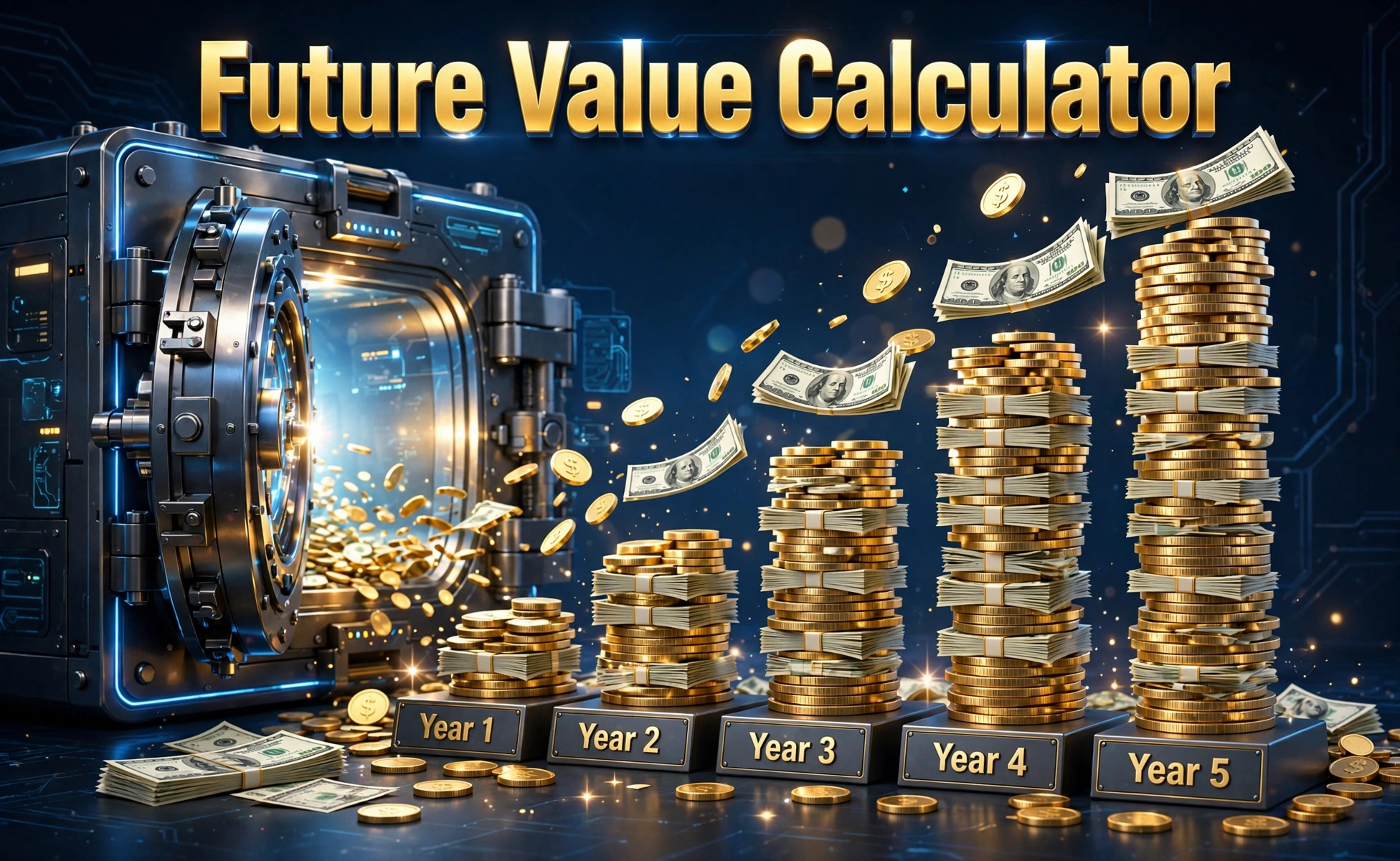 3D-style hero illustration of money growing over time: a glowing bank vault with gold coins and dollar bills stacking into a rising bar chart labeled Year 1 to Year 5, with Future Value Calculator text