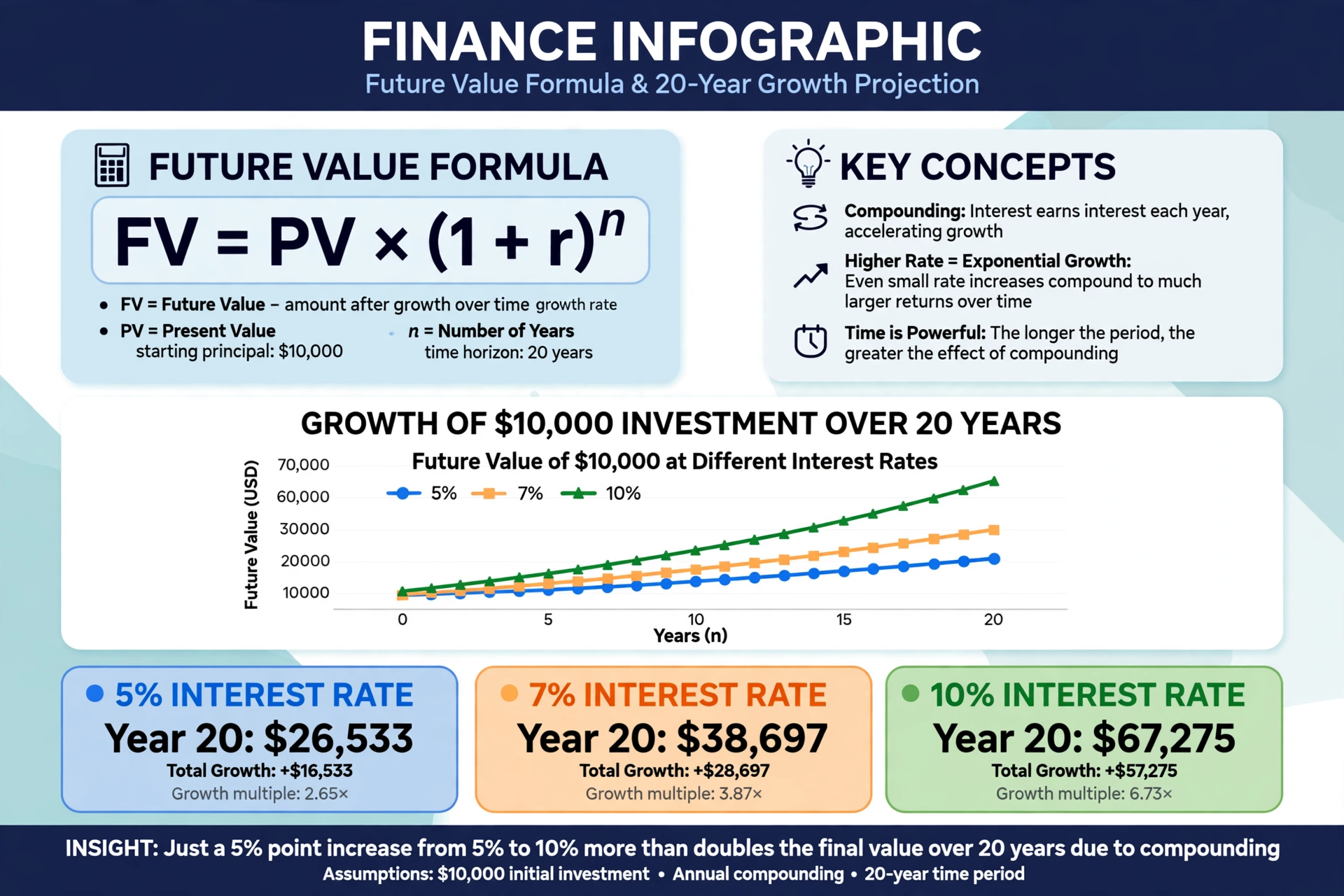 Finance infographic showing the future value formula FV = PV x (1 + r)^n and a line chart of $10,000 growing at 5 percent, 7 percent and 10 percent over 20 years