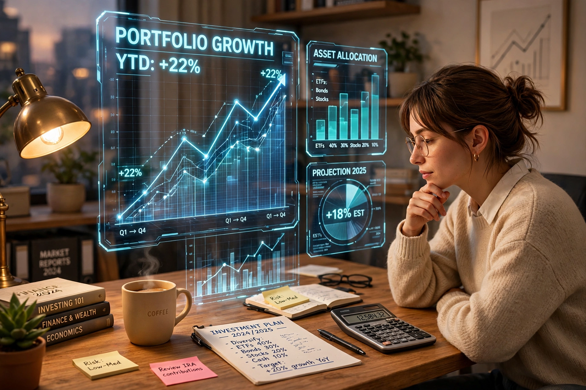 3D scene of a person planning investments at a wooden desk with holographic growth charts rising and a calculator nearby